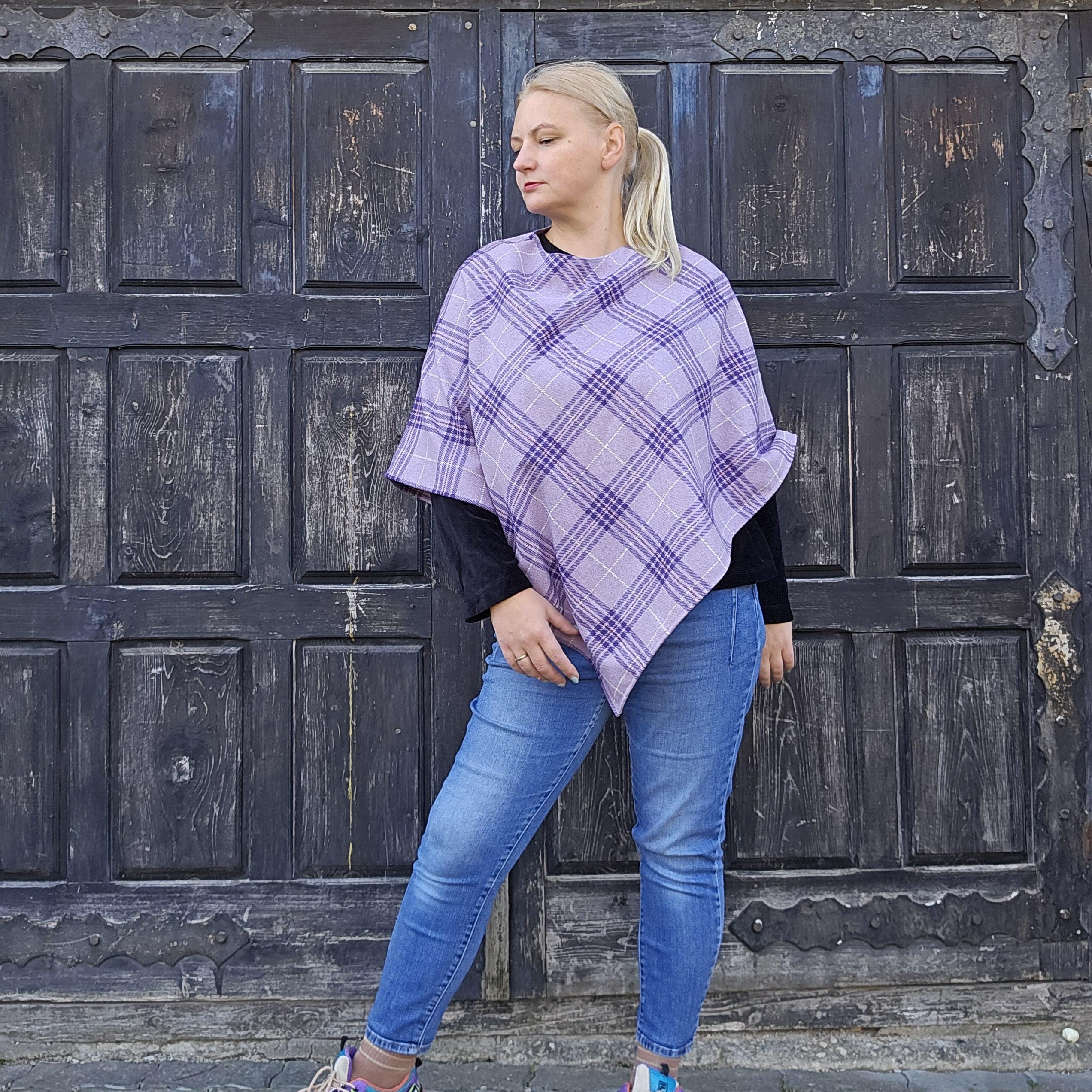 Wool Blanket Poncho - Purple Checked Hooded Wool Cape | Comfortable Outdoor Ruana