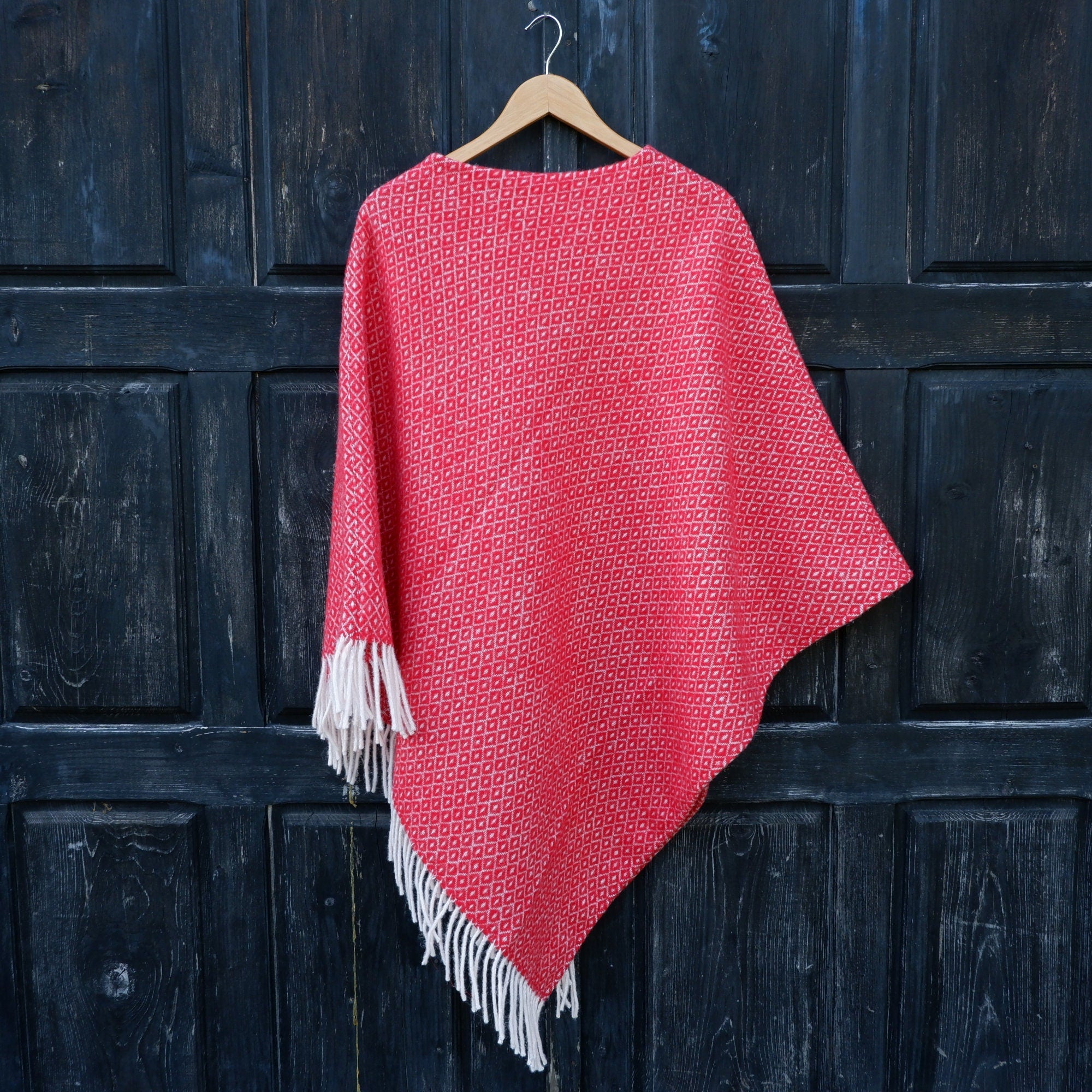 Red Wool Poncho – Hooded Cape With Fringed Ruana, Outdoor Wool Blanket