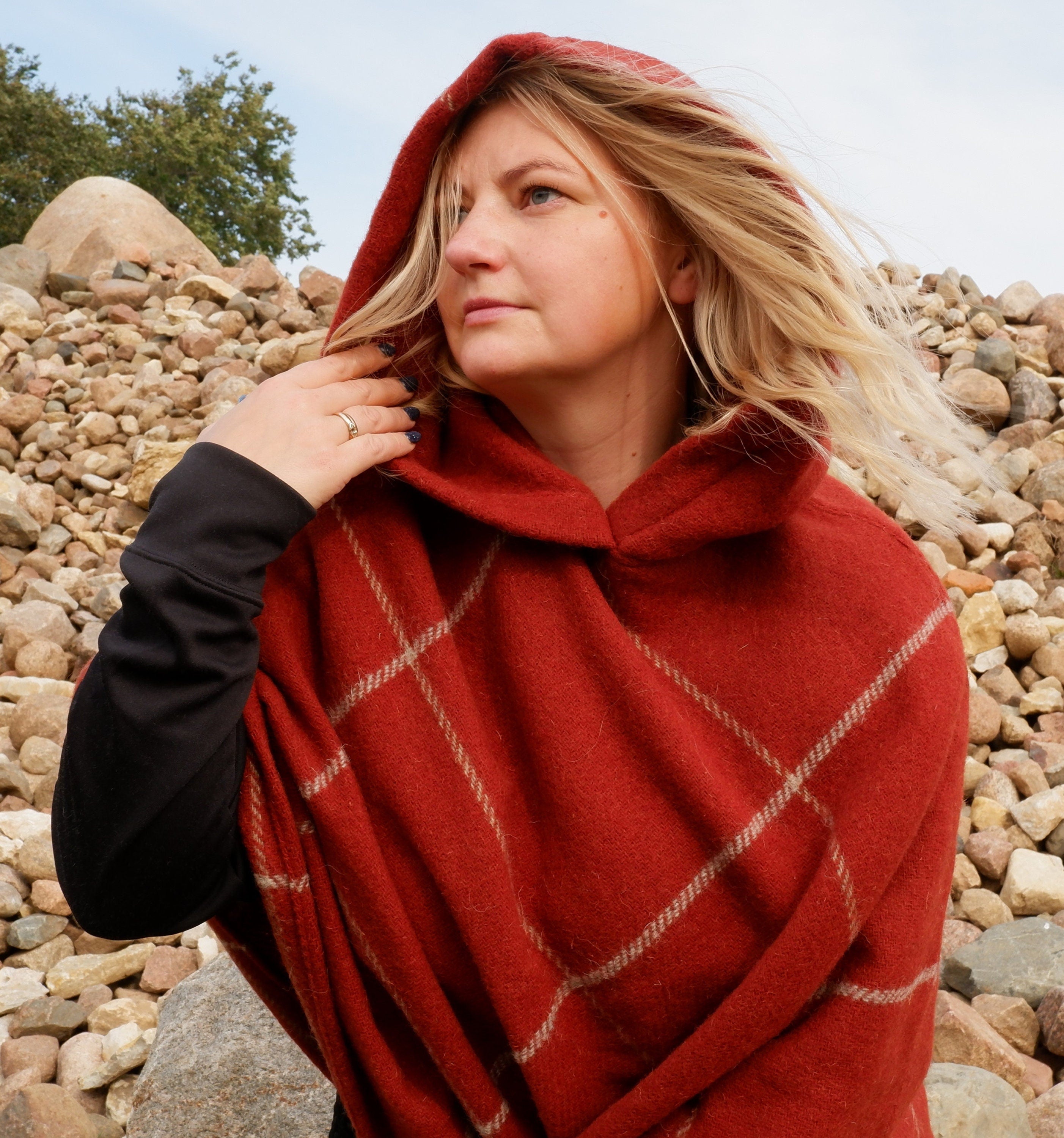 Red Wool Poncho - Hooded Wool Ruana Cape With Fringes | Cozy Outdoor Wrap