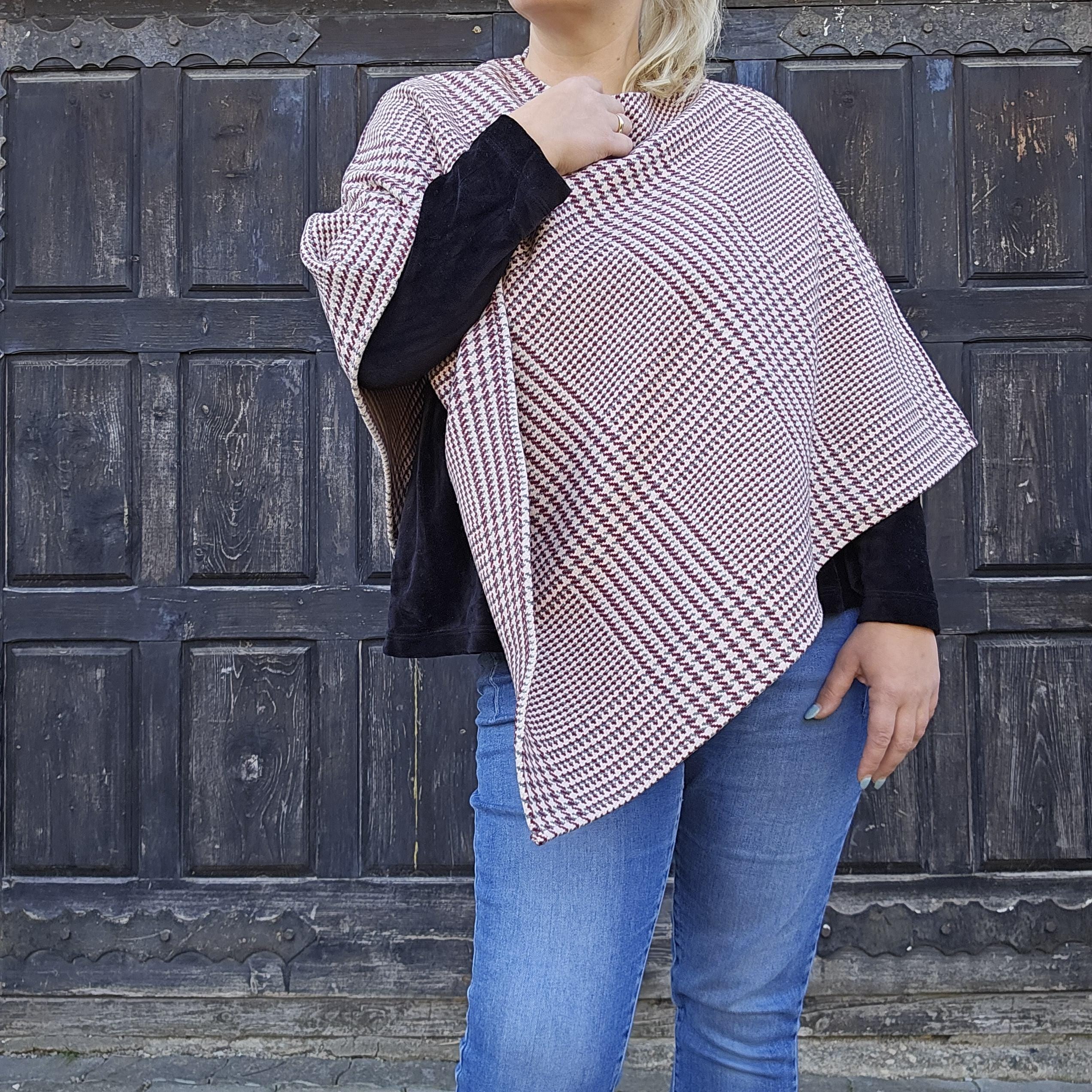 Wool Blanket Poncho - Hooded Checked Wool Ruana, Comfortable Outdoor Cape