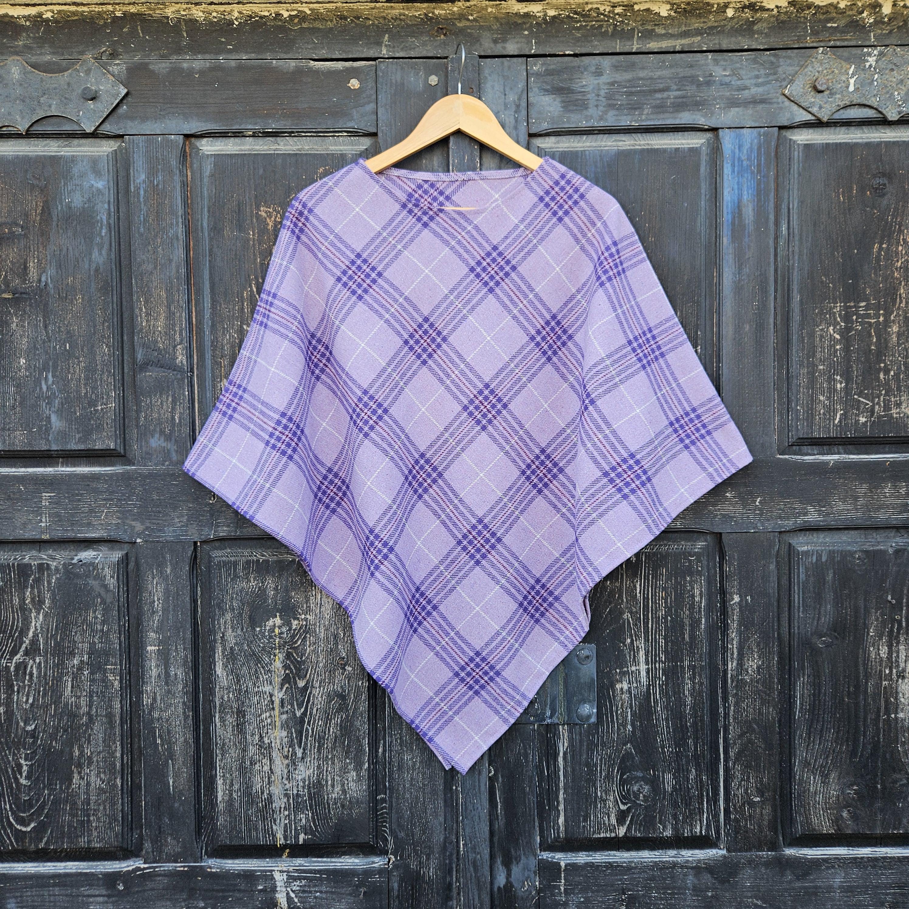 Wool Blanket Poncho - Purple Checked Hooded Wool Cape | Comfortable Outdoor Ruana