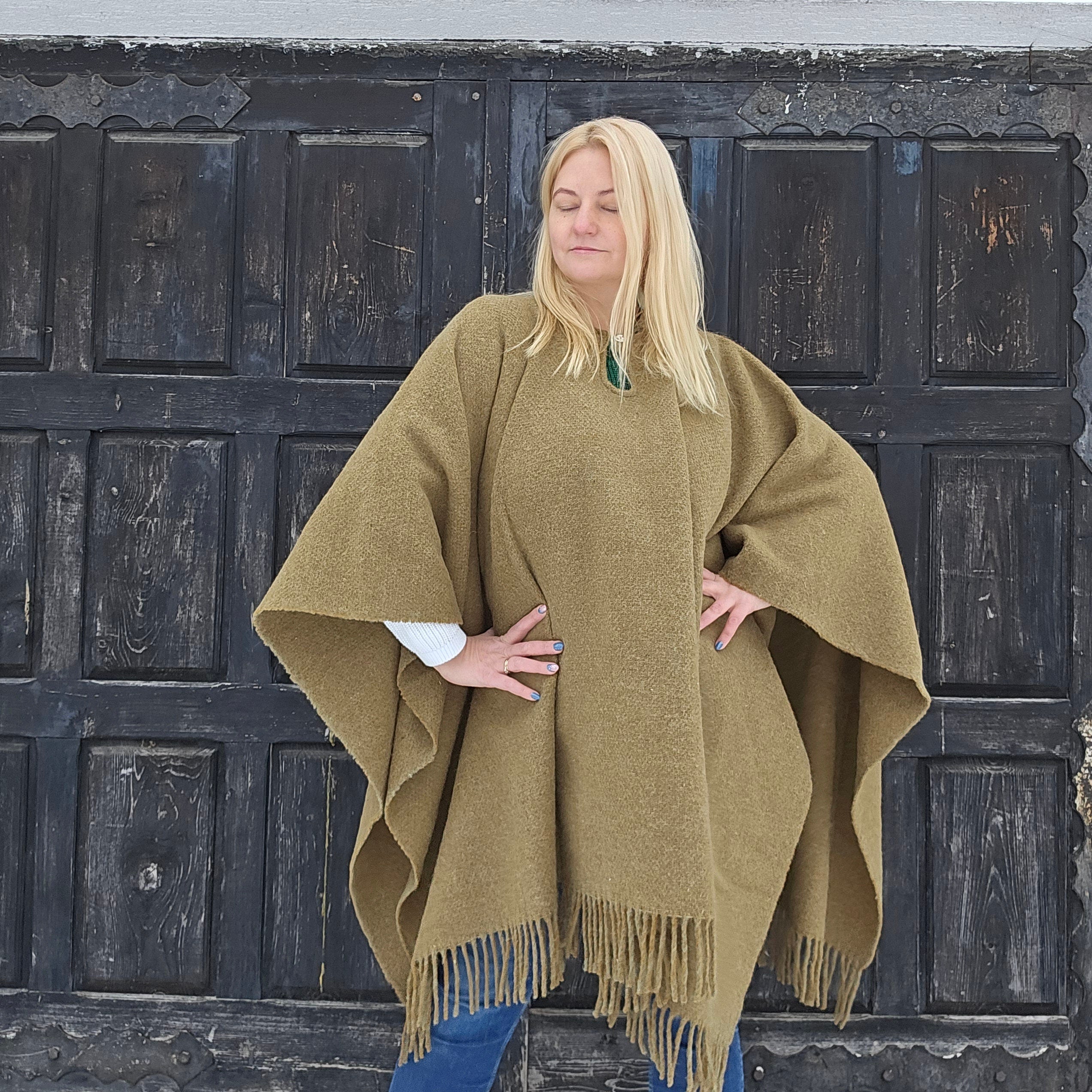 Wool Poncho - Unisex Ruana Cape | Red Wool Blanket | Outdoor Cape Cloak With Hood
