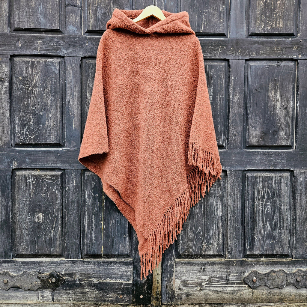 Wool Blanket Poncho – Hooded Wool Cape with Fringes | Comfortable Outdoor Wrap