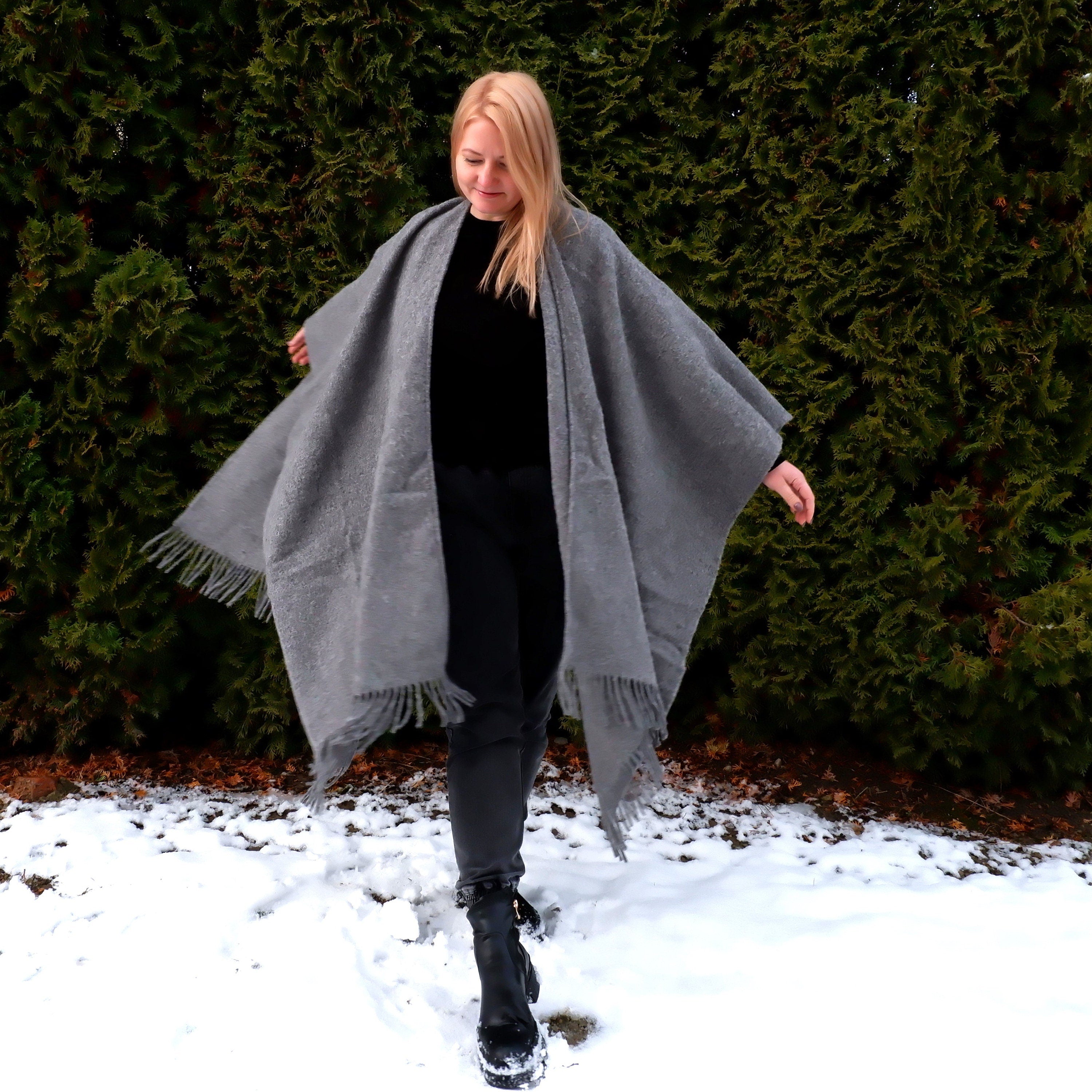 Wool Poncho Wrap Umea | Warm Outdoor Poncho, Reversible Soft Wool Cape, Classic Design