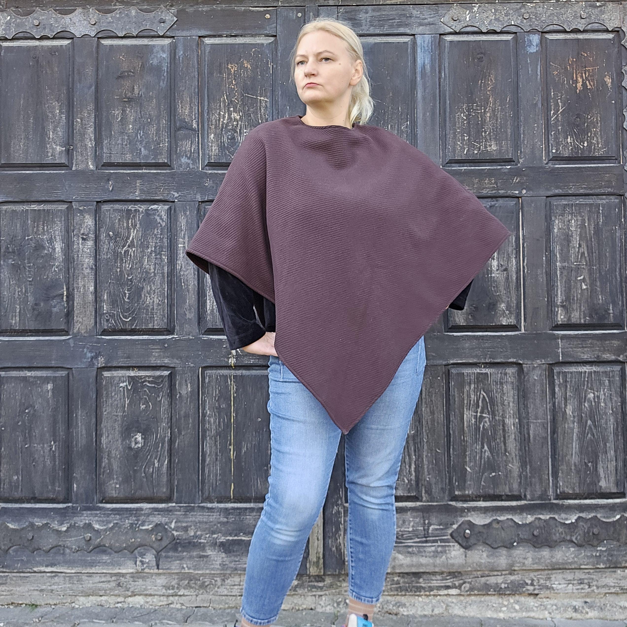 Wool Blanket Poncho Kiruna - Hooded Purple Check Lambswool Cape, Warm Winter Wrap