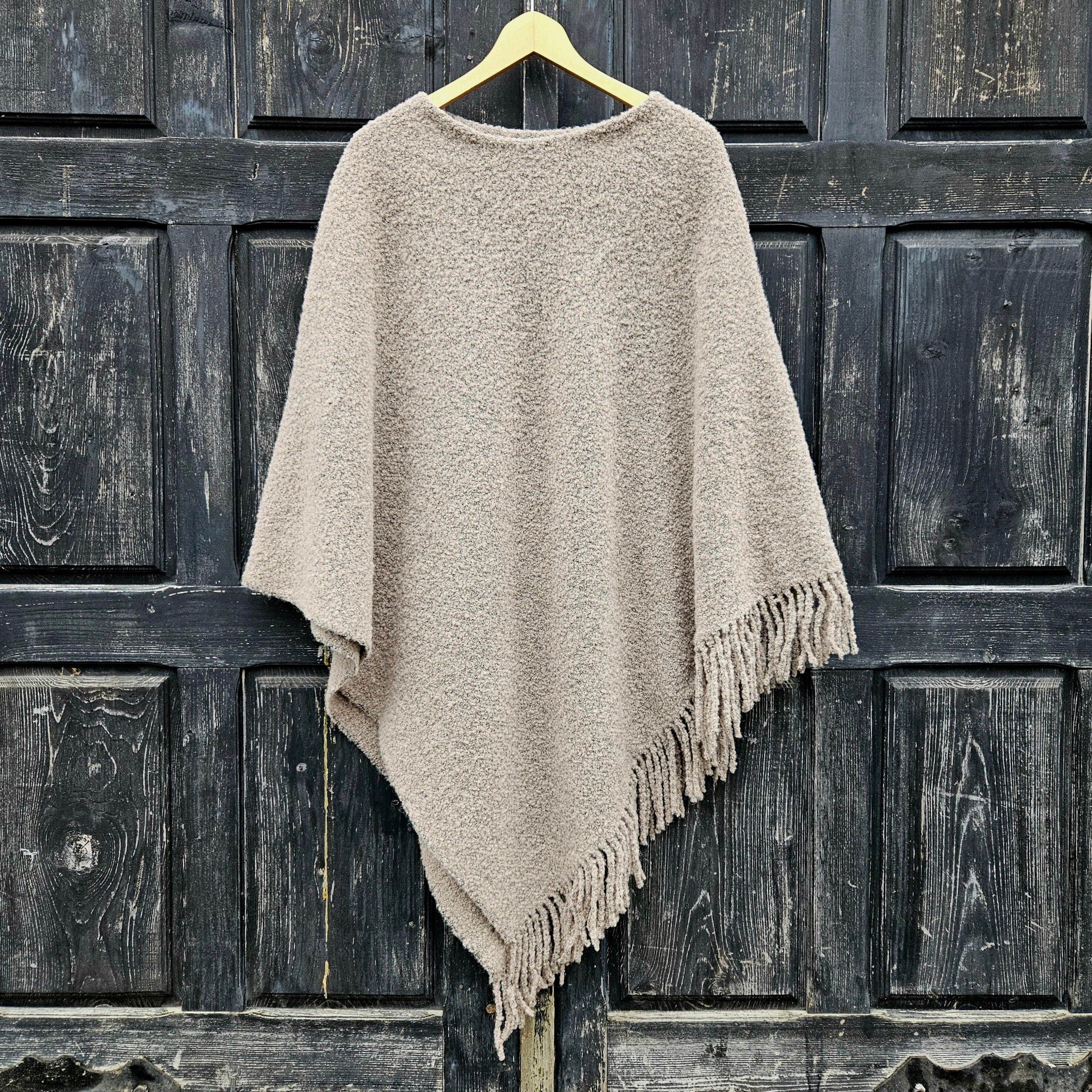 beige wool poncho with or without hood.cape cloak ruana for men or women