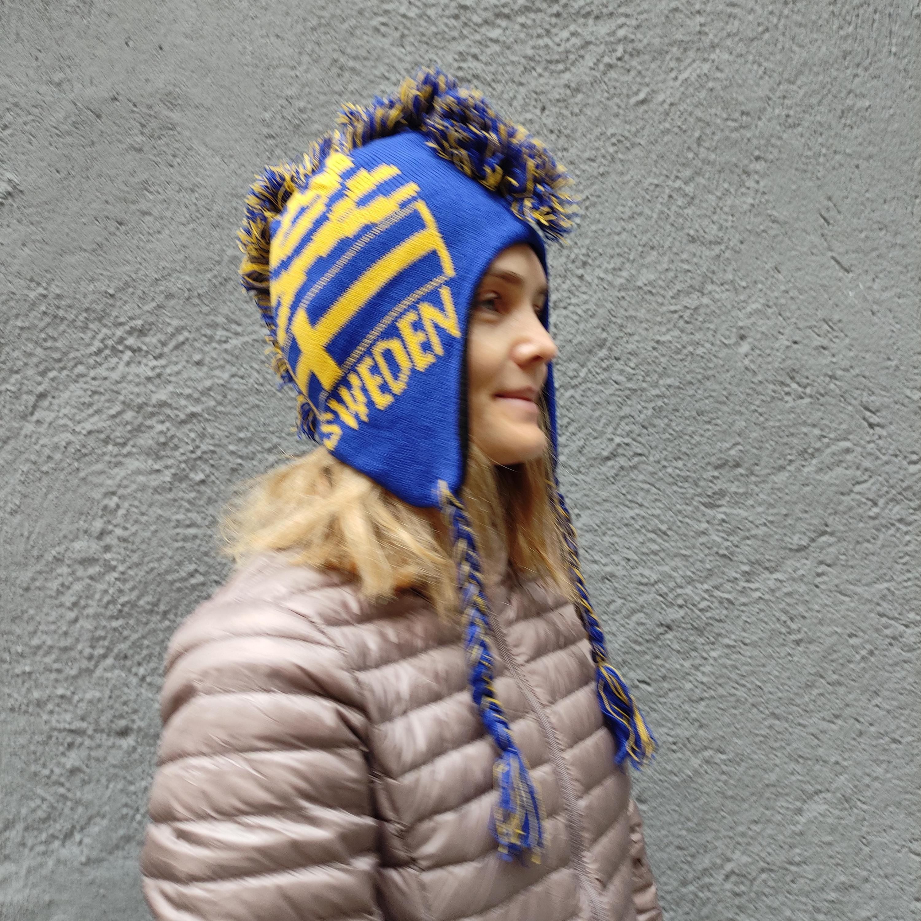 Merino Wool Hat - Warm Knitted Hat With Earflaps | Blue Skull Punk Design