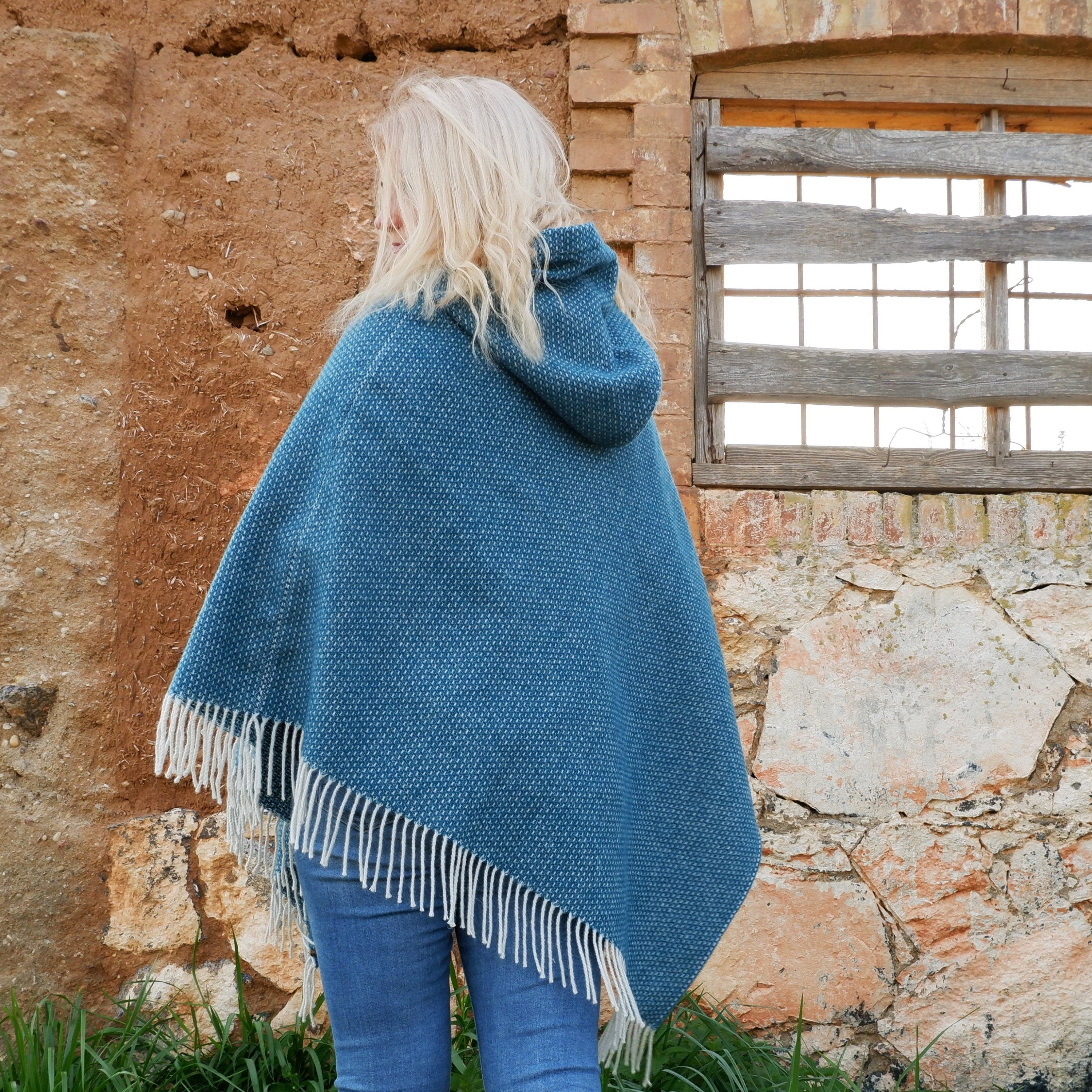 Wool Blanket Poncho Kiruna – Blue Merino Wool Cape with Hooded Fringe – Cozy Outdoor Wrap