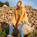 Yellow Wool Poncho – Hooded Cape With Fringes, Cozy Outdoor Blanket