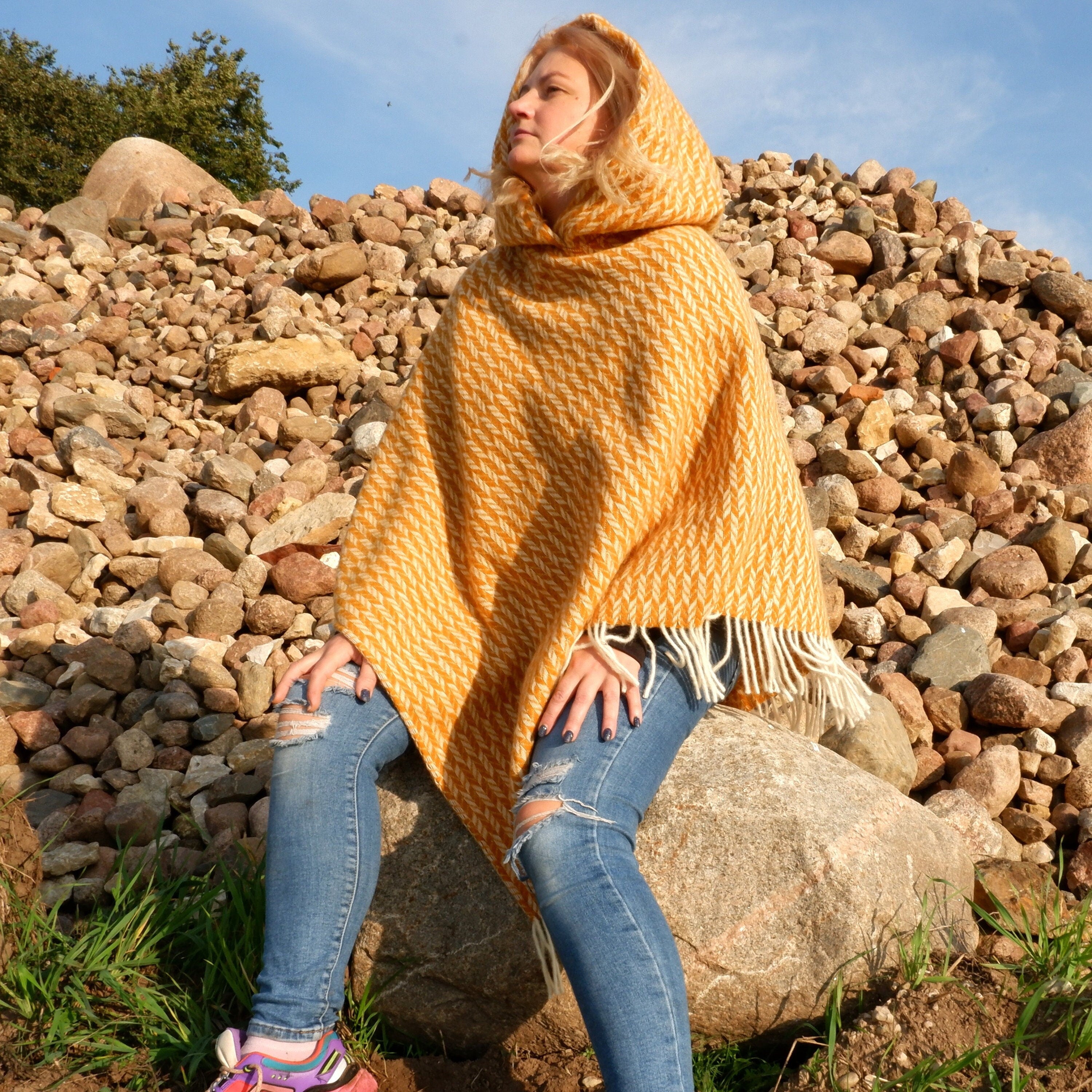 Yellow Wool Poncho – Hooded Cape With Fringes, Cozy Outdoor Blanket