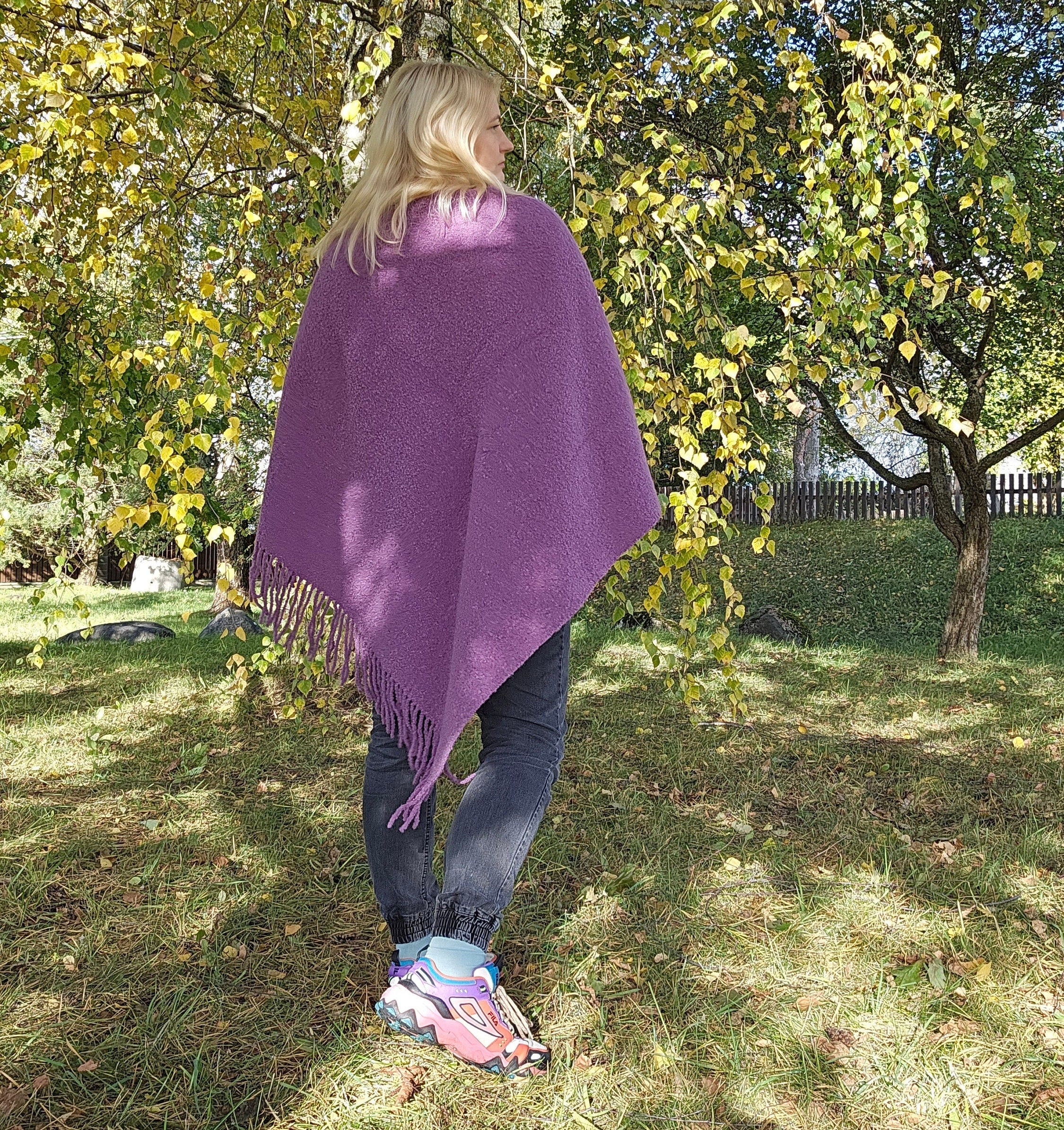 purple wool blanket poncho cape coat for men or women hooded or without hood, burning man cape poncho in wool