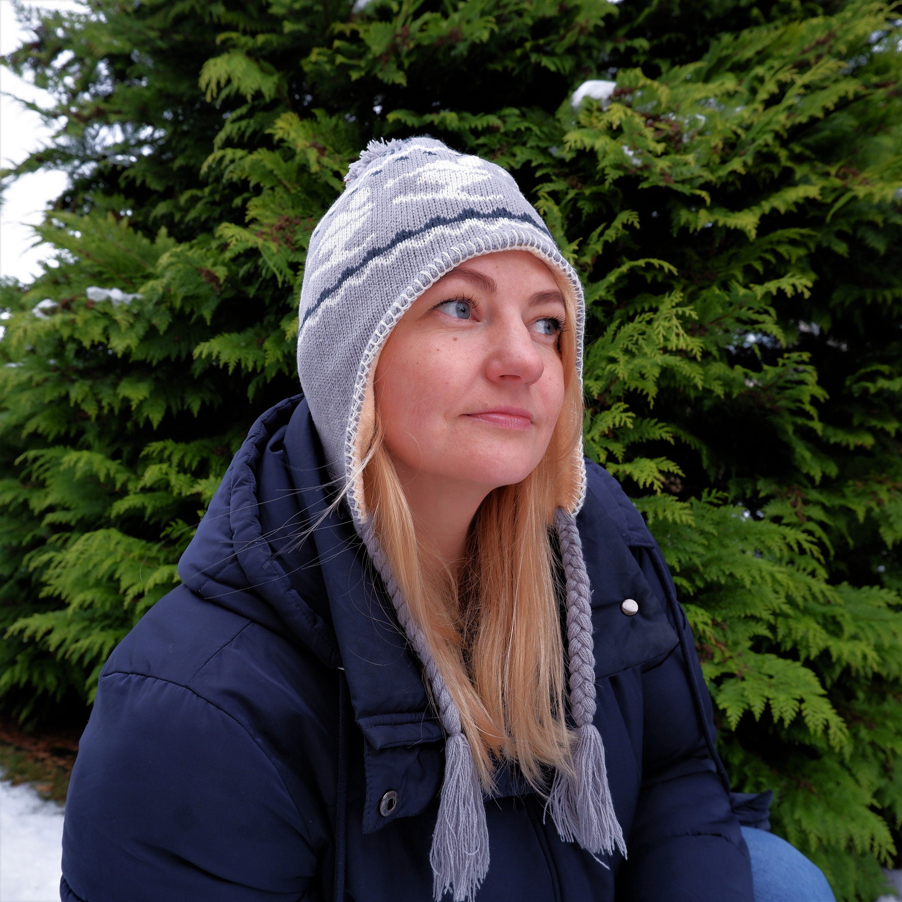 Merino Wool Hat – Warm Winter Earflap Beanie with Patterned Fleece Lining