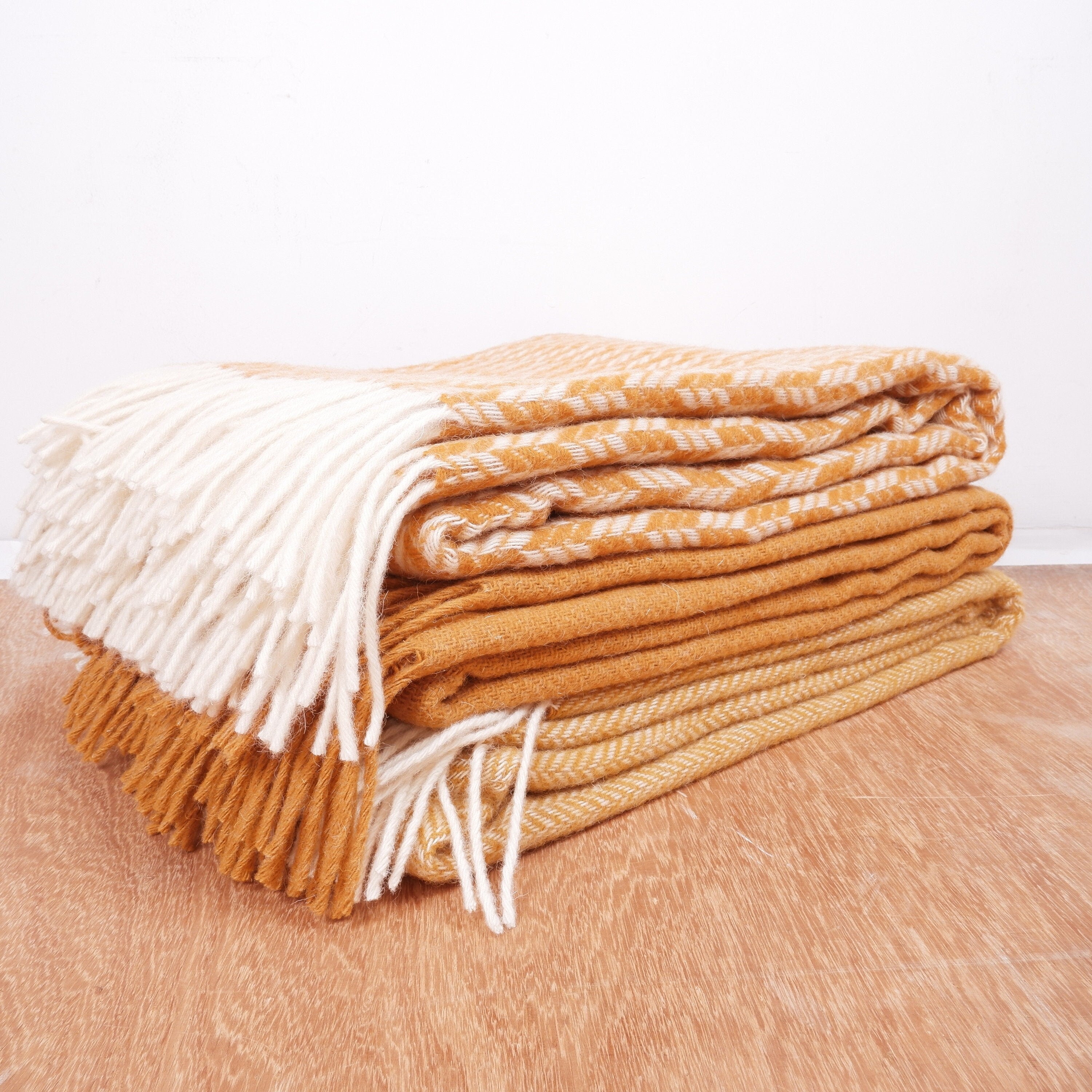 WOOL Blanket Hera in mustard yellow - Natural Throw plaid -  IN2NORD  - bed coverlet, quilt, wool cover