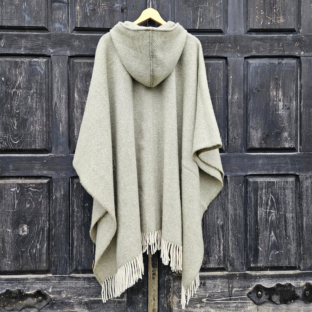 Wool Blanket Poncho – Unisex Grey Herringbone Hooded Cape with Fringes