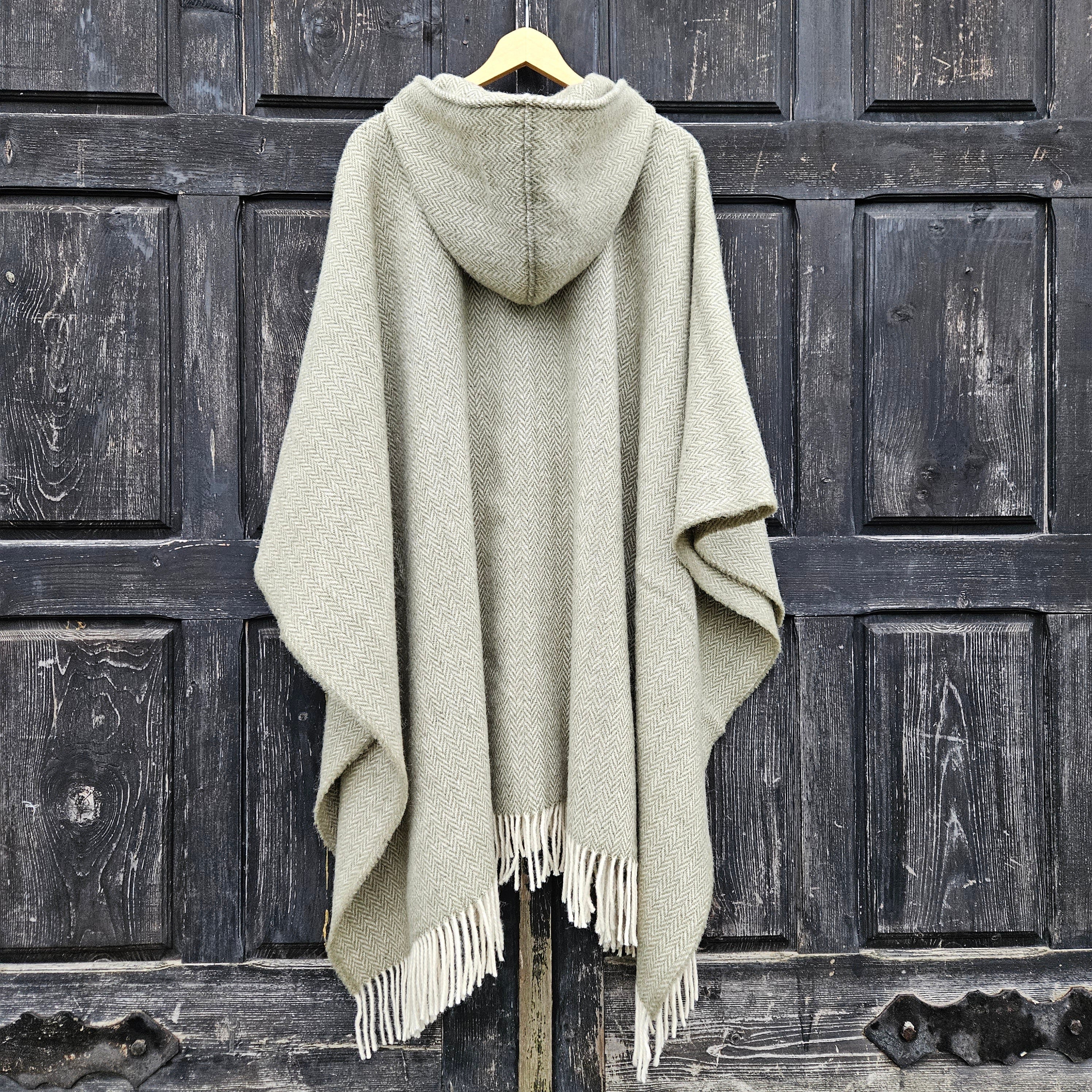 Wool Blanket Poncho – Unisex Grey Herringbone Hooded Cape with Fringes