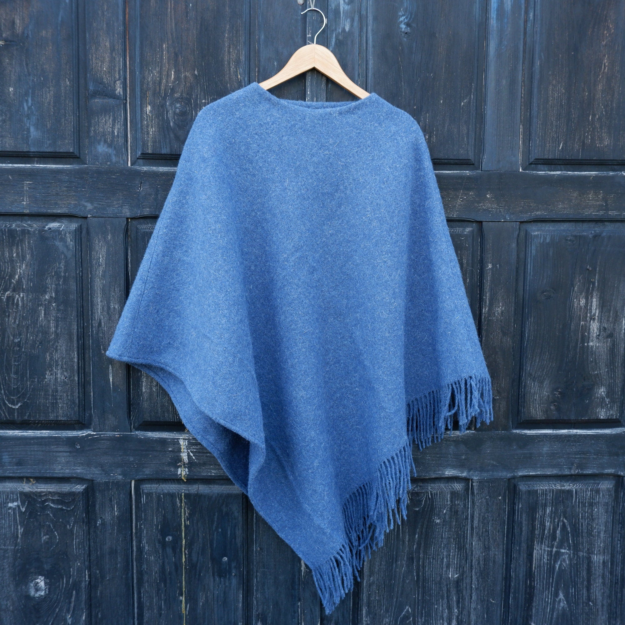 100% Wool Blanket Poncho with Hood Kiruna : Blue Fringed Cape