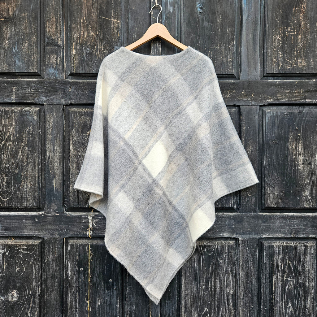 Grey Plaid WOOL Poncho with Hood: Gingham Cape Ruana