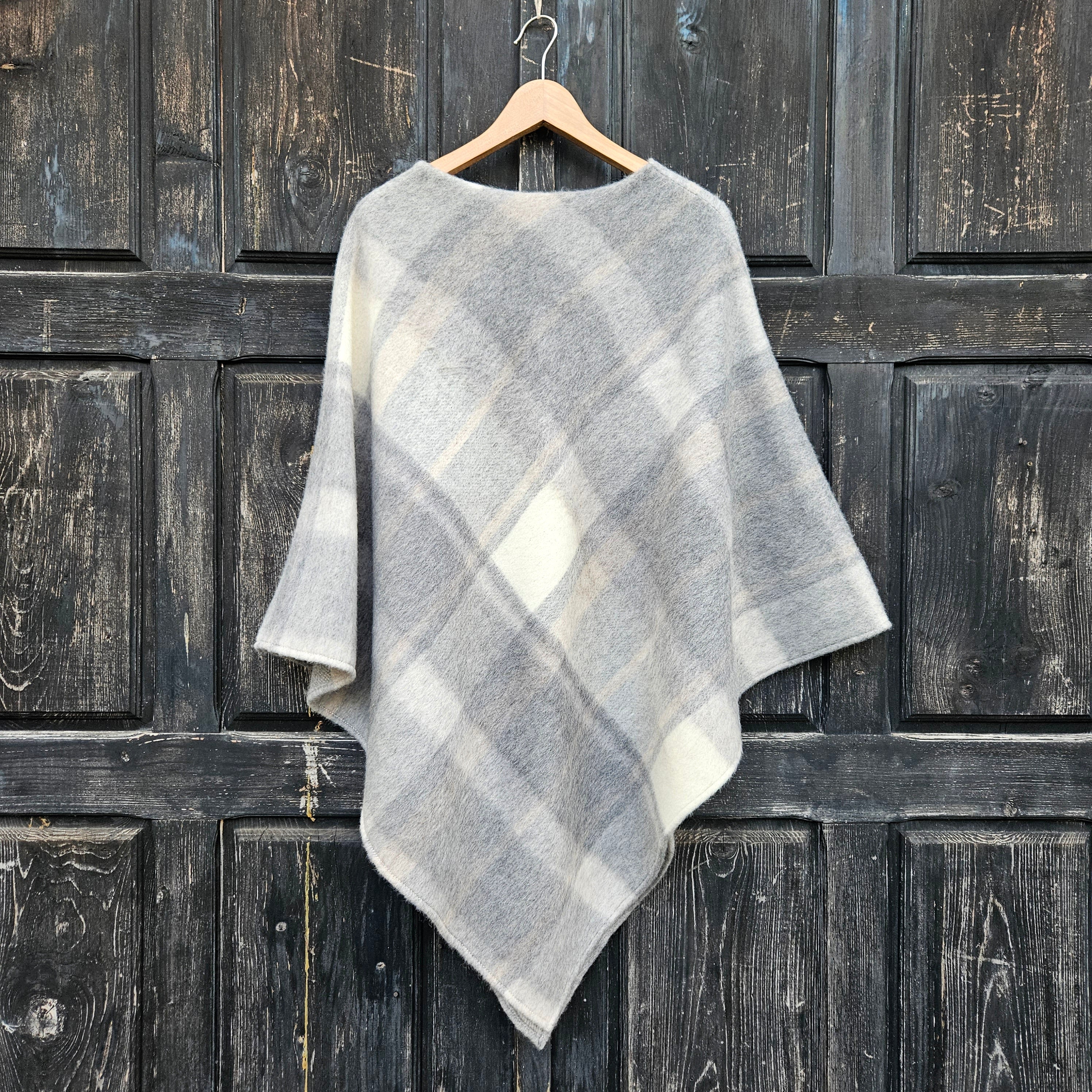 Grey Plaid WOOL Poncho with Hood: Gingham Cape Ruana