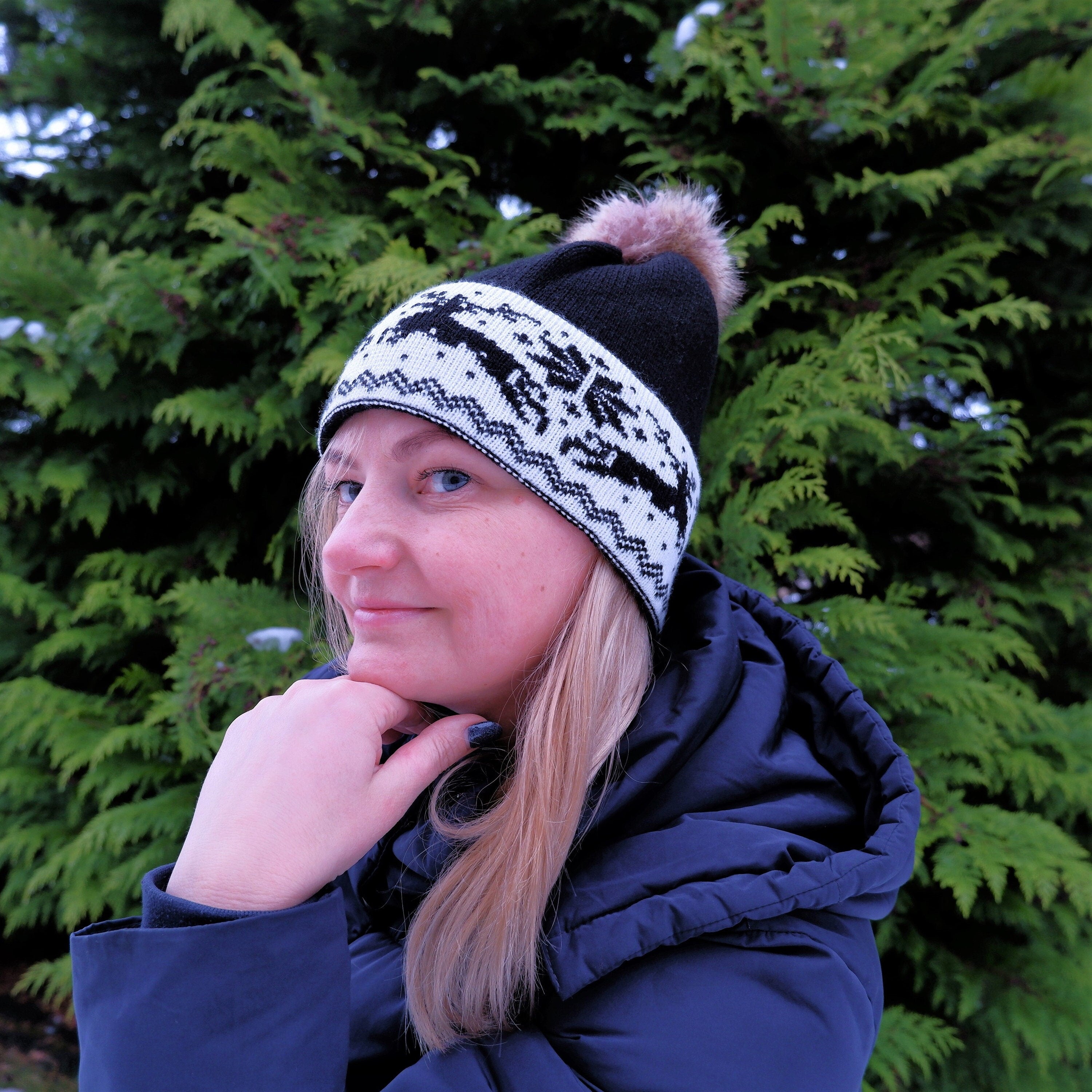 Knitted Wool Hat - 100% Merino Wool Beanie with Faux Fur Pom Pom & Moose Pattern