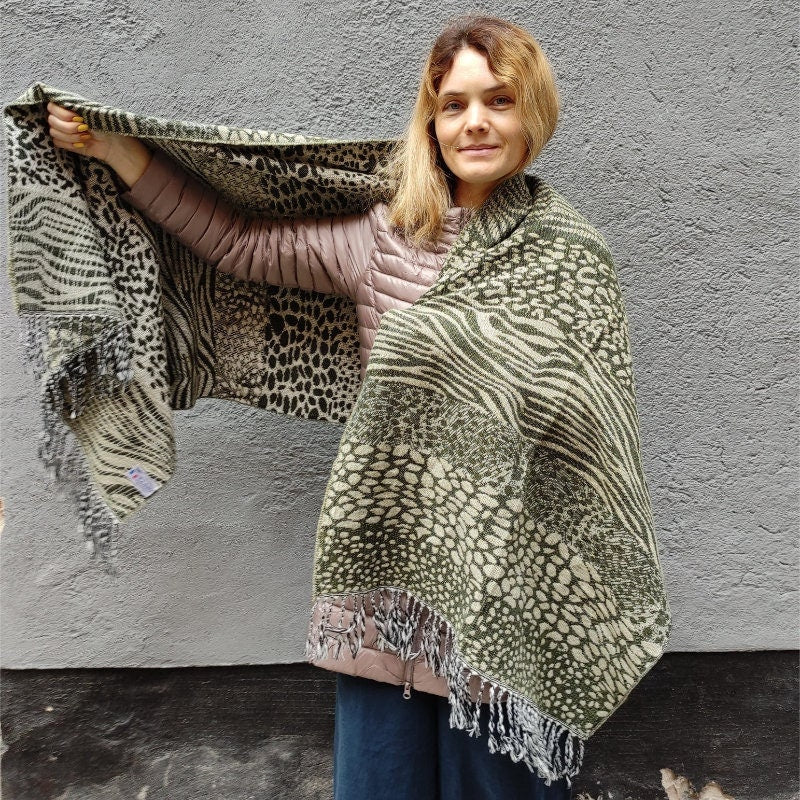green wool shawl wrap, zebra pattern wool scarf cape