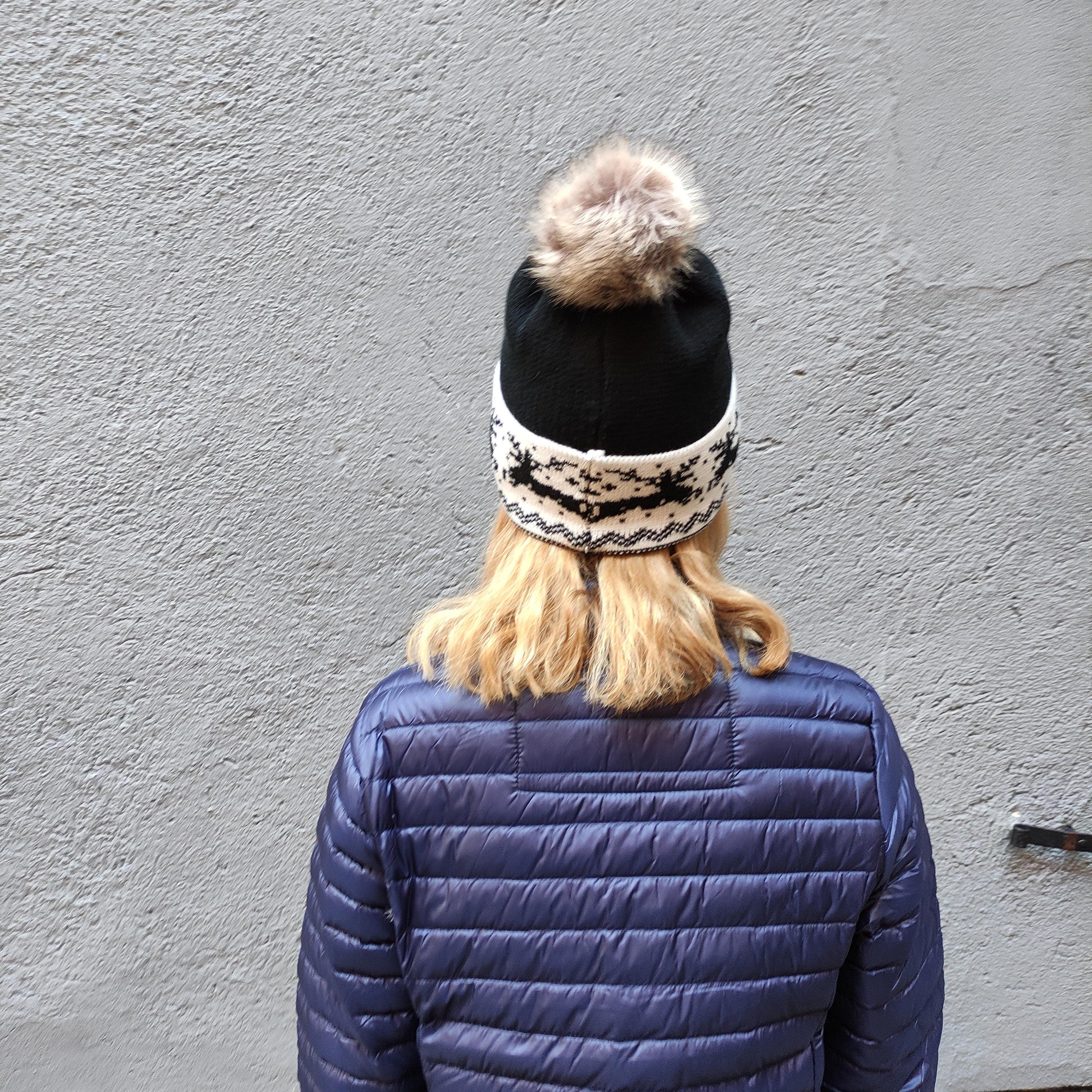 Merino Wool Knitted Beanie for Women or Men, black Wool Cap with pompom and reindeer, hand knit warm beanie, Woolen womens head accessories