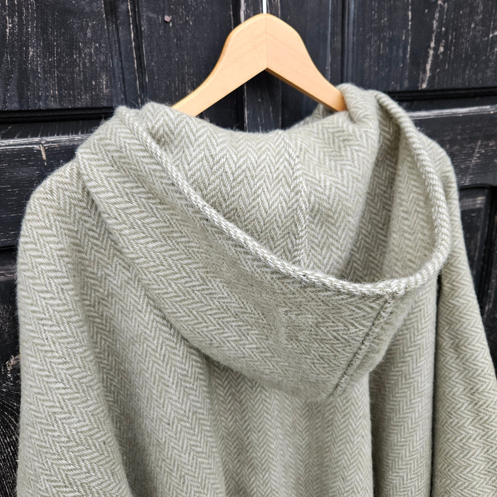 Wool Blanket Poncho – Unisex Grey Herringbone Hooded Cape with Fringes