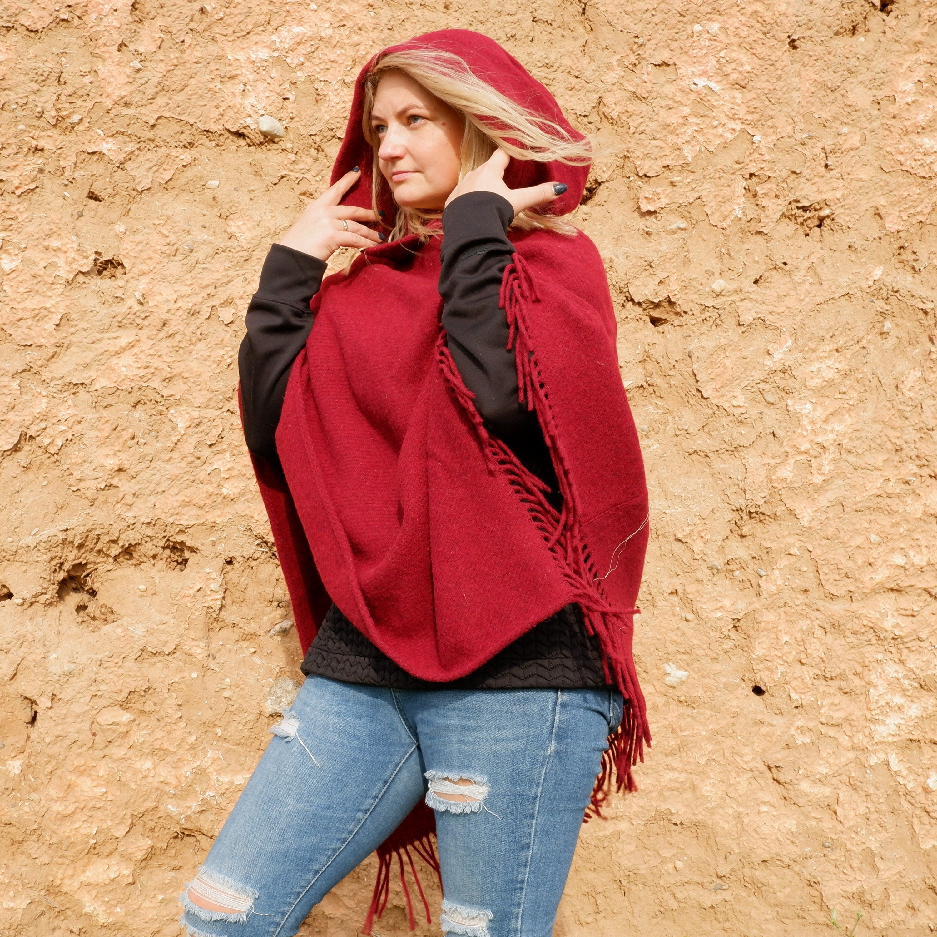 Wool Blanket Poncho – Hooded Wool Cape with Fringes | Comfortable Outdoor Grey Shawl