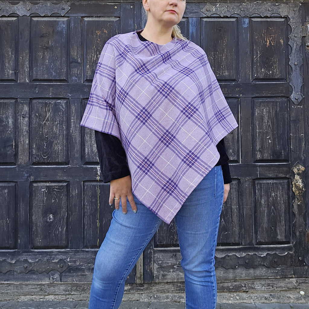Wool Blanket Poncho - Purple Checked Hooded Wool Cape | Comfortable Outdoor Ruana