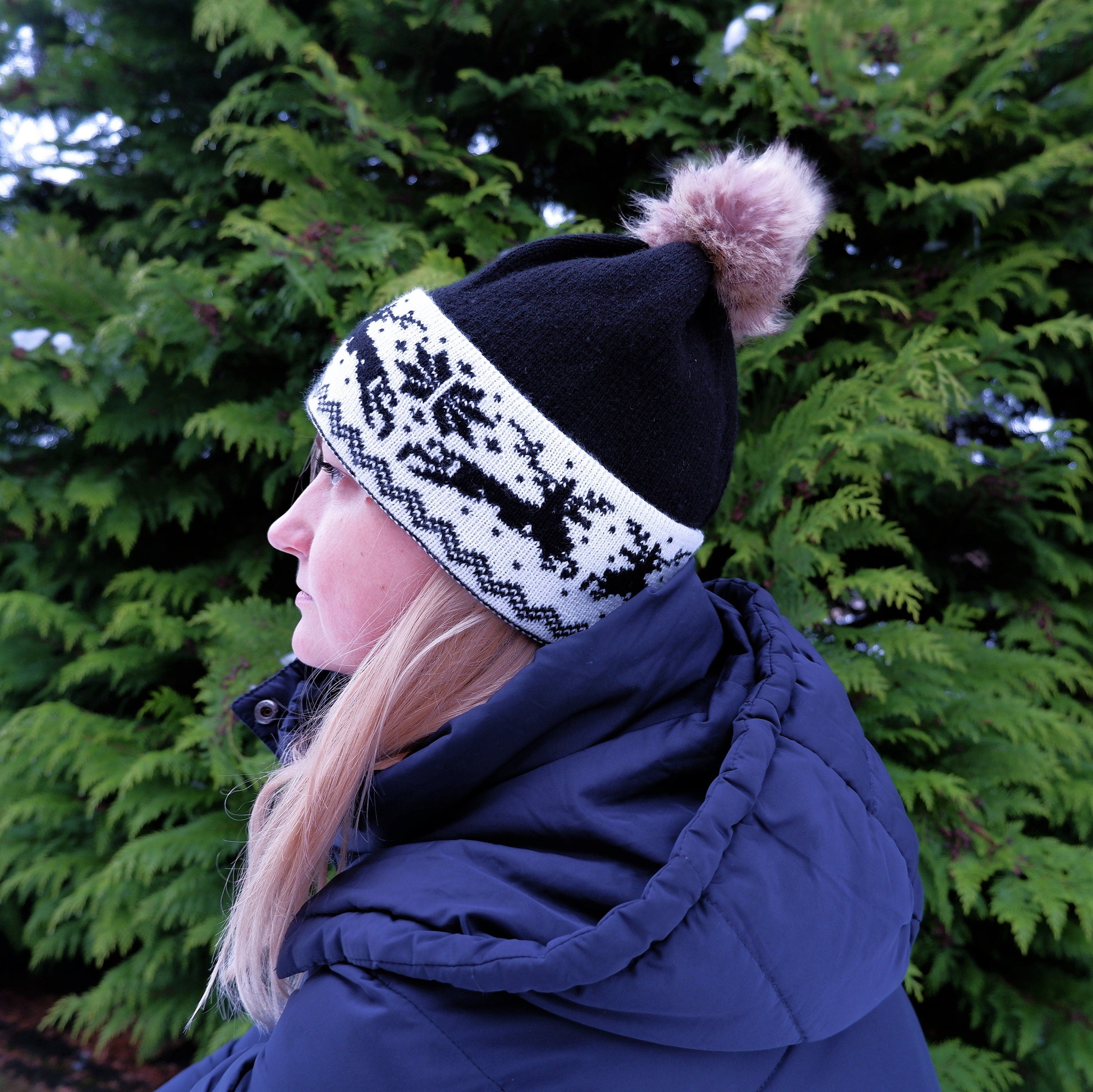 Knitted Wool Hat - 100% Merino Wool Beanie with Faux Fur Pom Pom & Moose Pattern