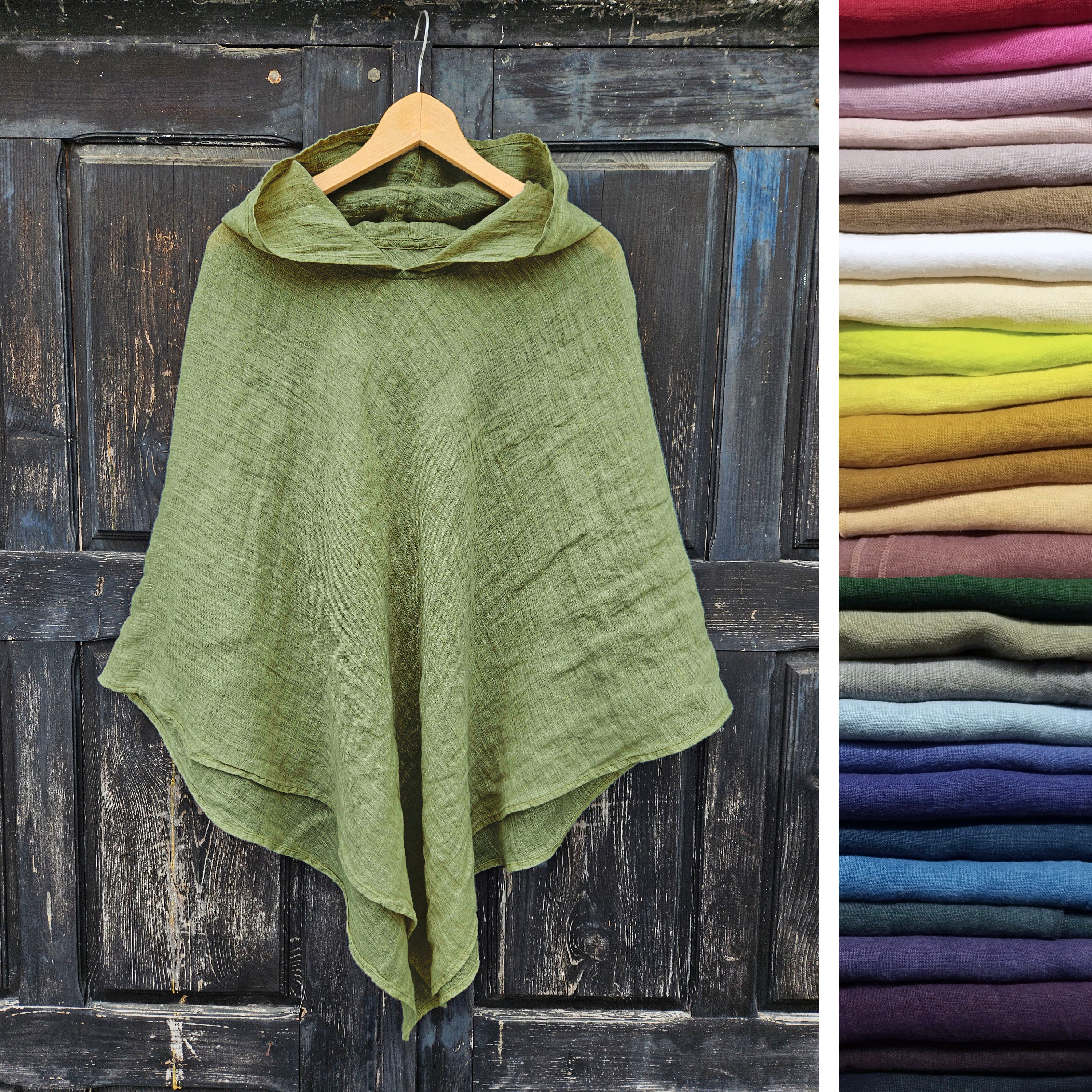 green linen poncho cape jacket hooded or without hoot for women mother gift wife gift summer vacation outfit