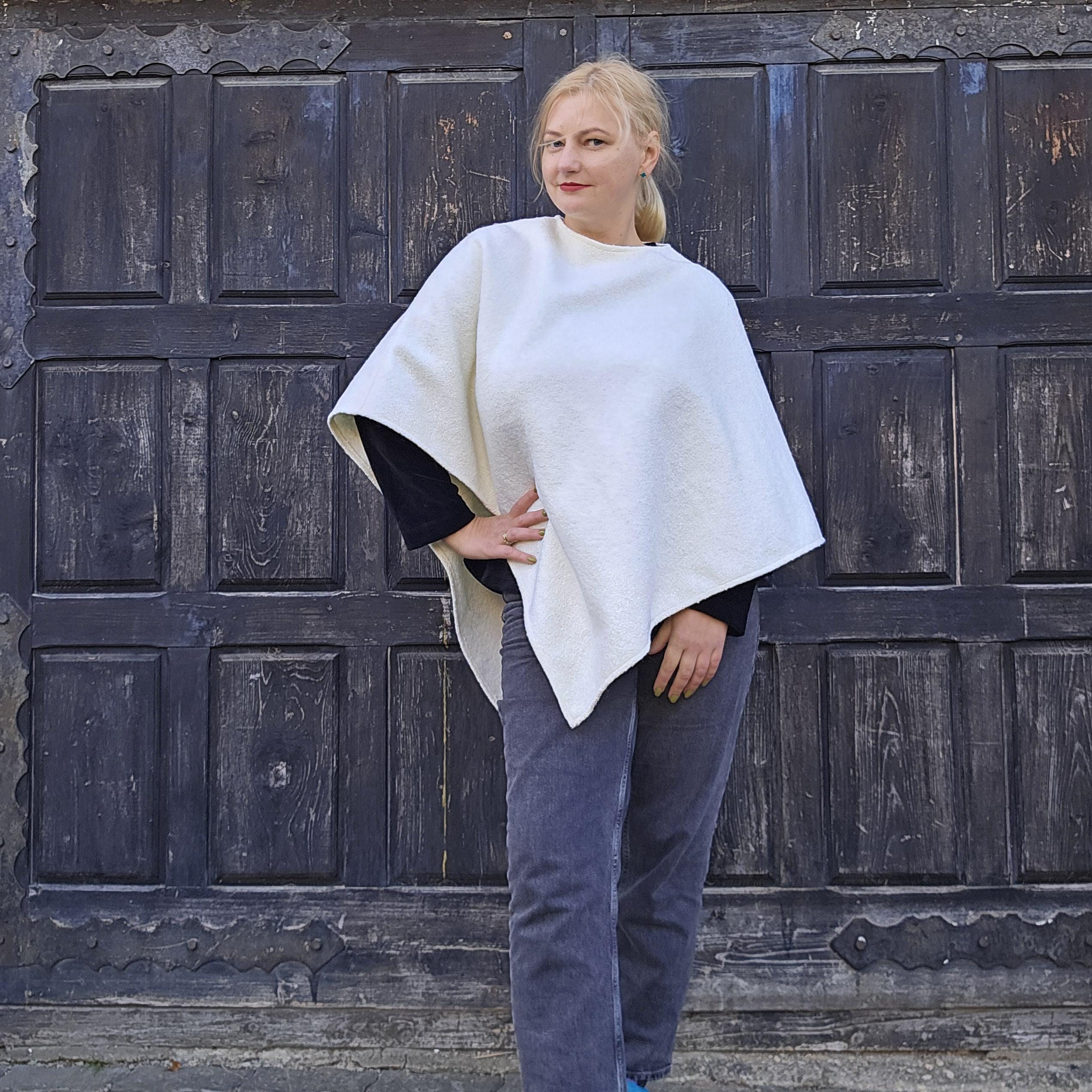Wool blanket poncho cape hooded in WHITE lambswool ladies poncho cape with or without hood Wool blanket poncho cape