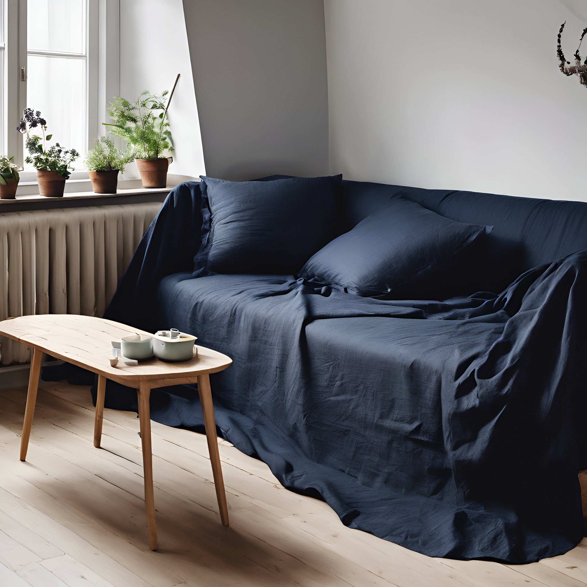Linen Couch Cover – Extra Large Navy Sofa Slipcover with Organic Linen Fabric