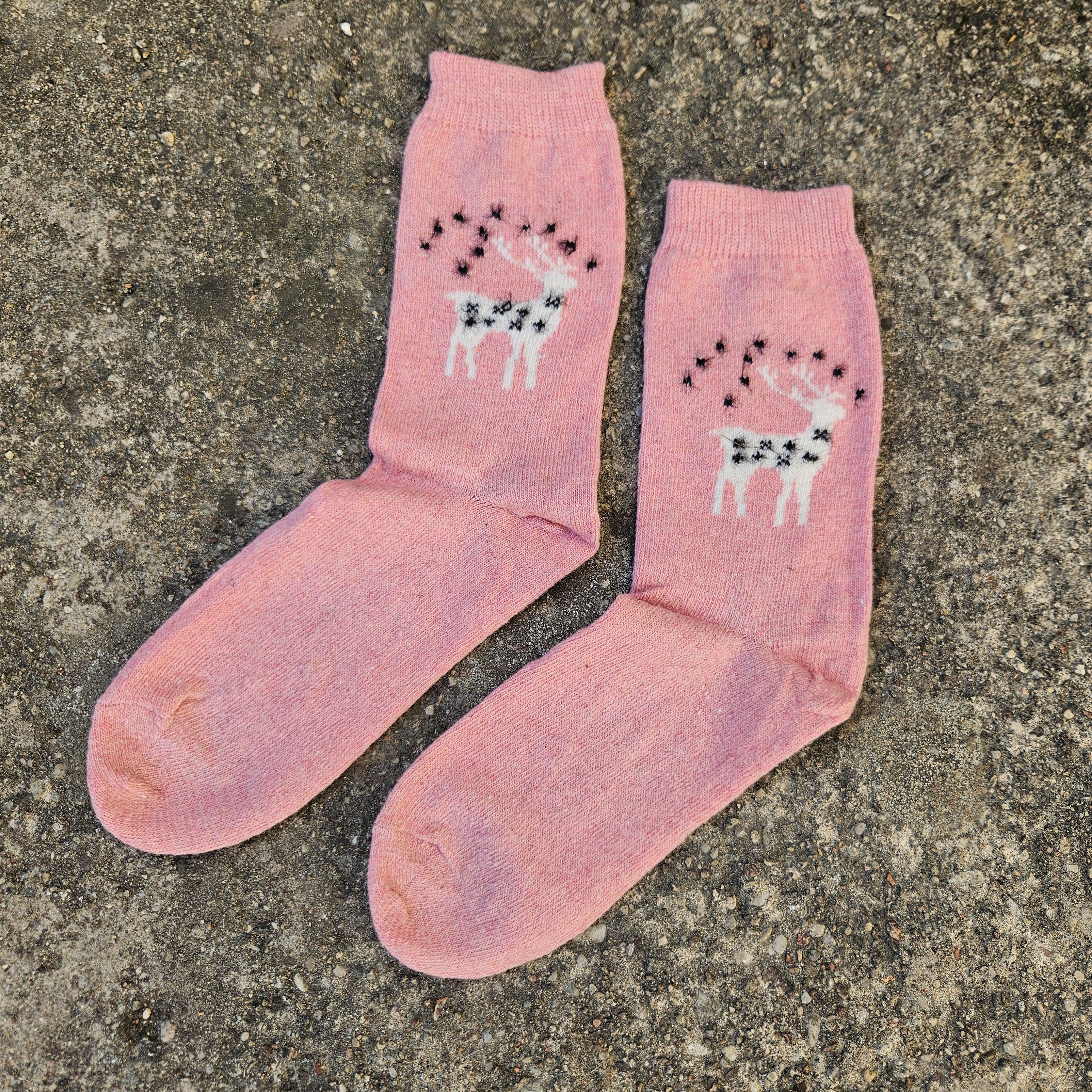 Thin Merino Wool Socks - Gray Reindeer Nordic Cozy Warm Hiking Socks Unisex