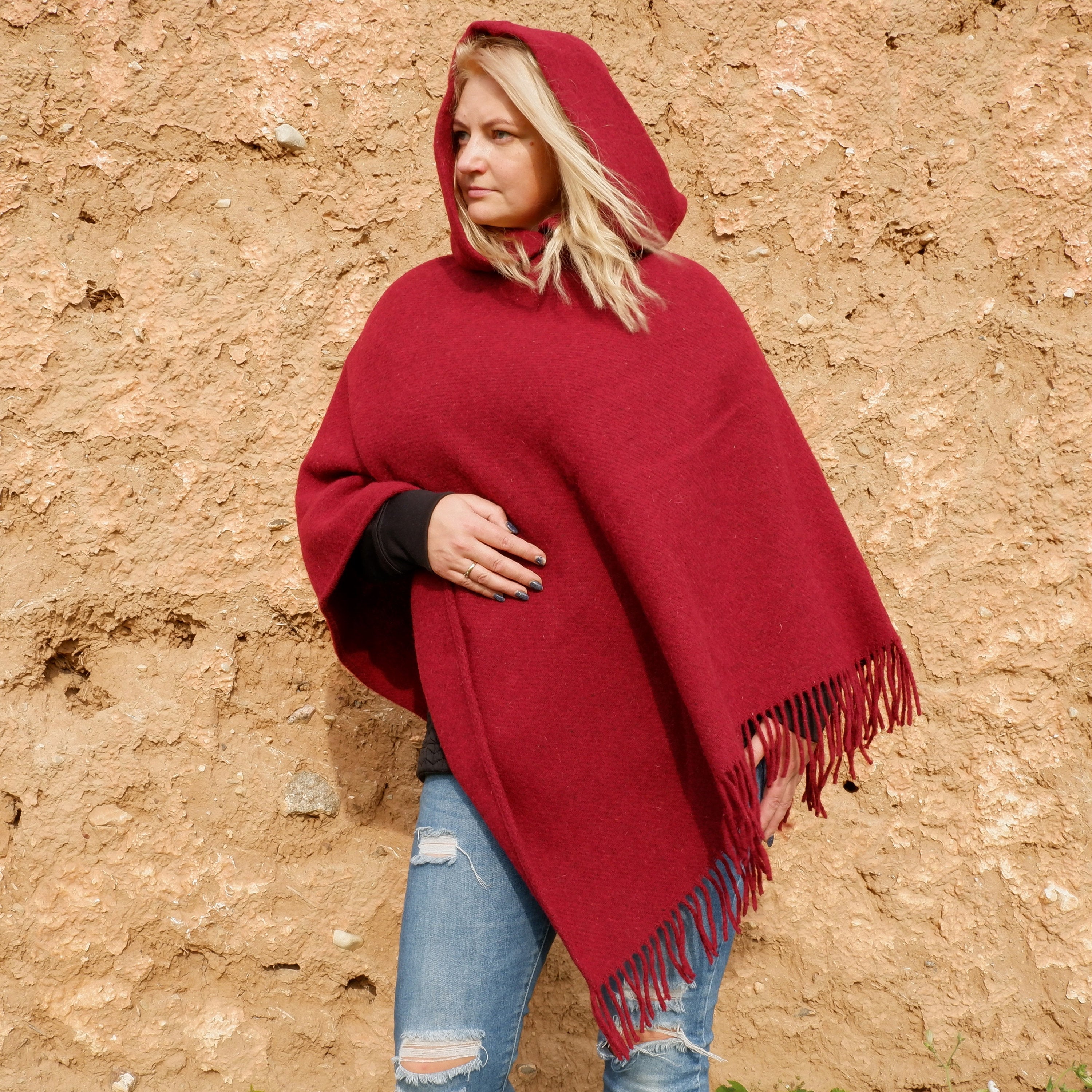 wool blanket poncho with hood -Kiruna - hooded or without hood cape ruana with fringes -  Comfortable wool cape for outdoor - In2Nord