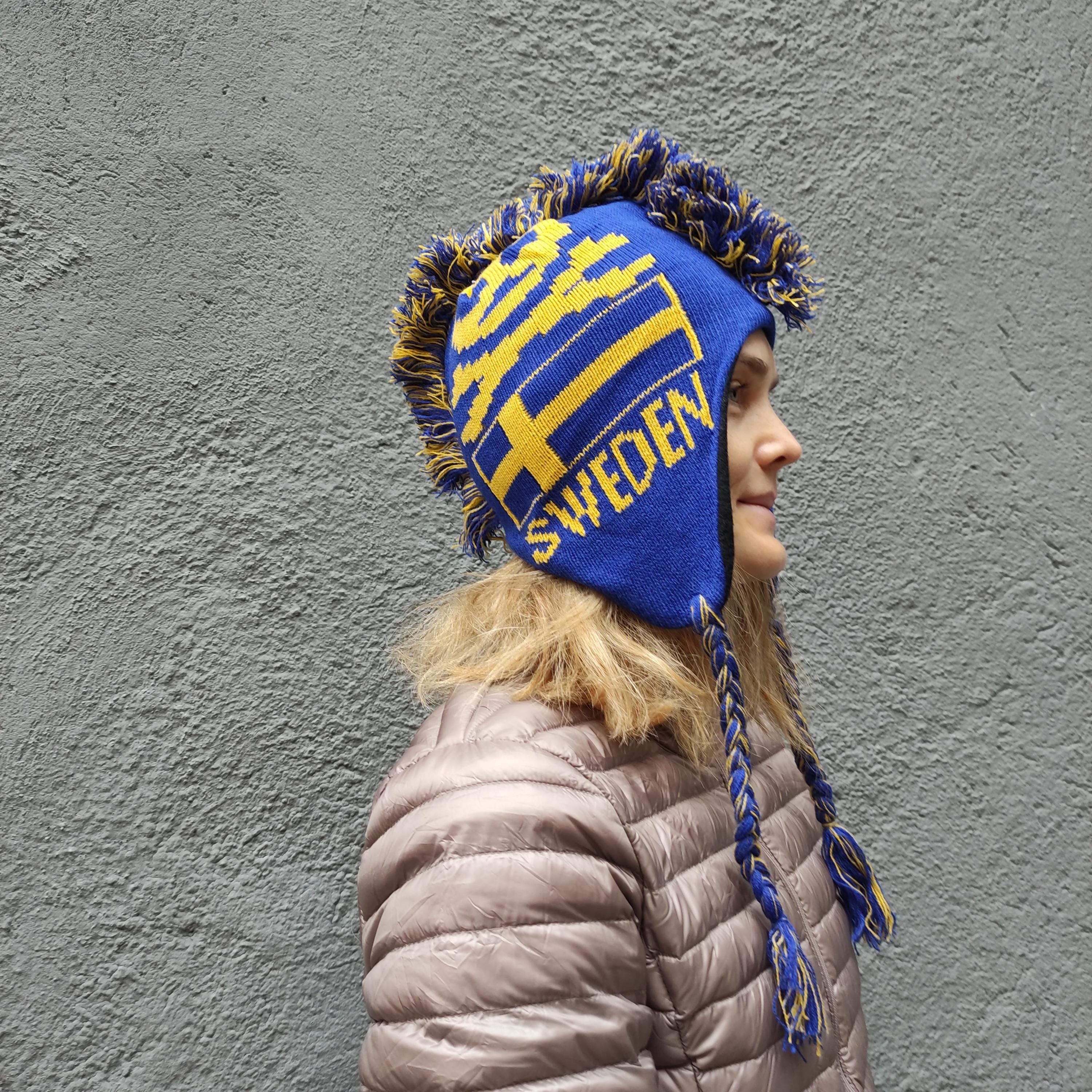 Merino Wool Hat - Warm Knitted Hat With Earflaps | Blue Skull Punk Design