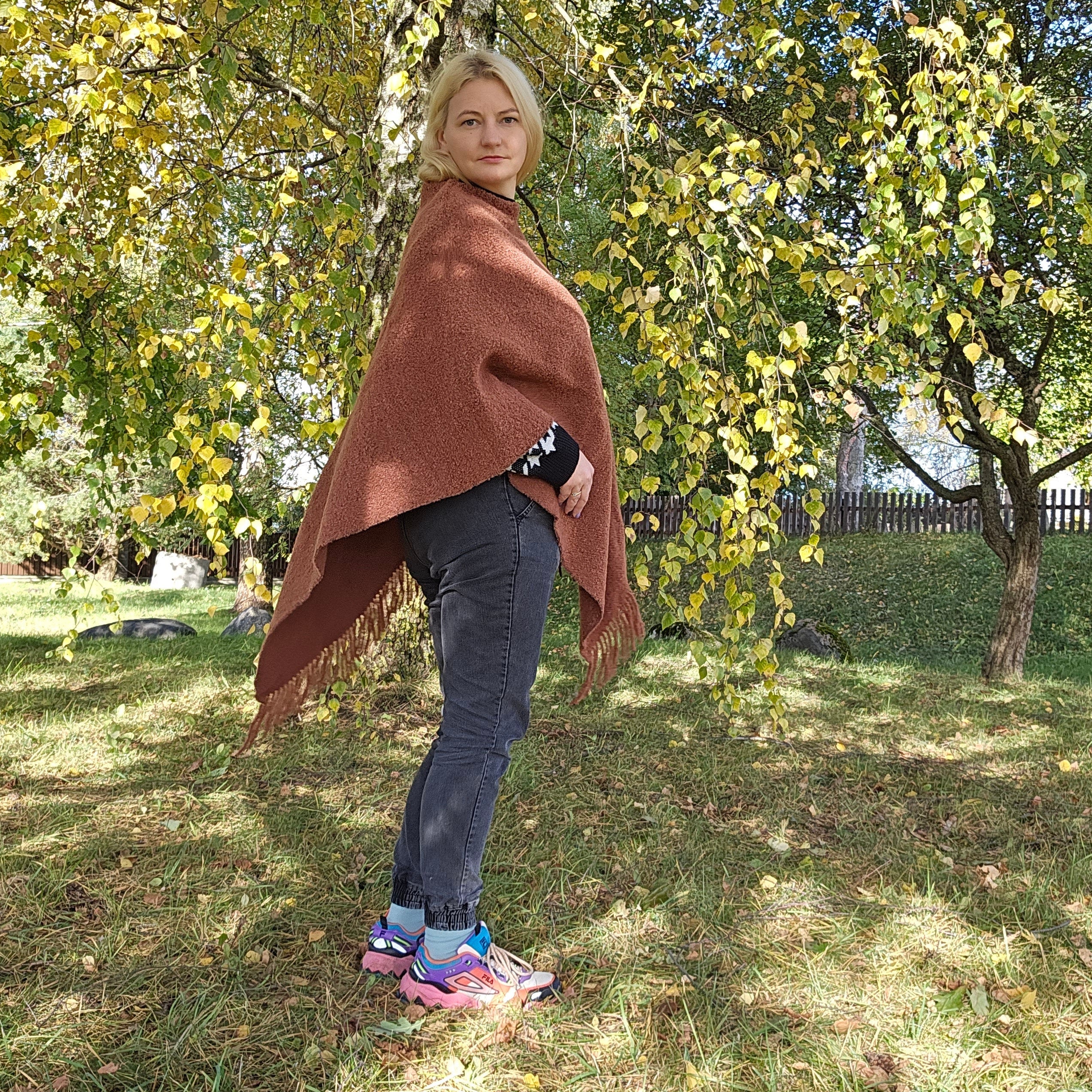 Wool Blanket Poncho – Hooded Wool Cape with Fringes | Comfortable Outdoor Wrap