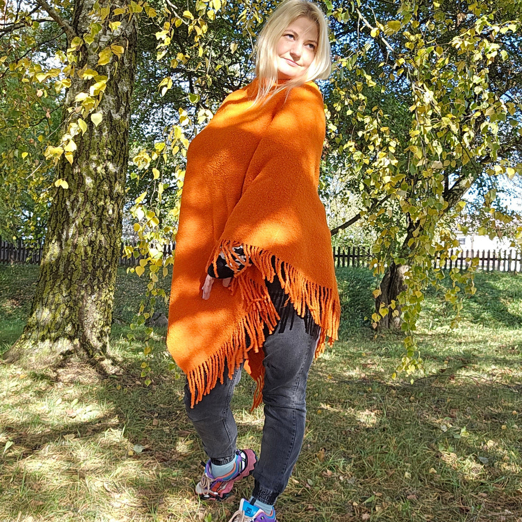 Wool Blanket Poncho – Hooded Wool Cape With Fringes, Comfortable Outdoor Wrap
