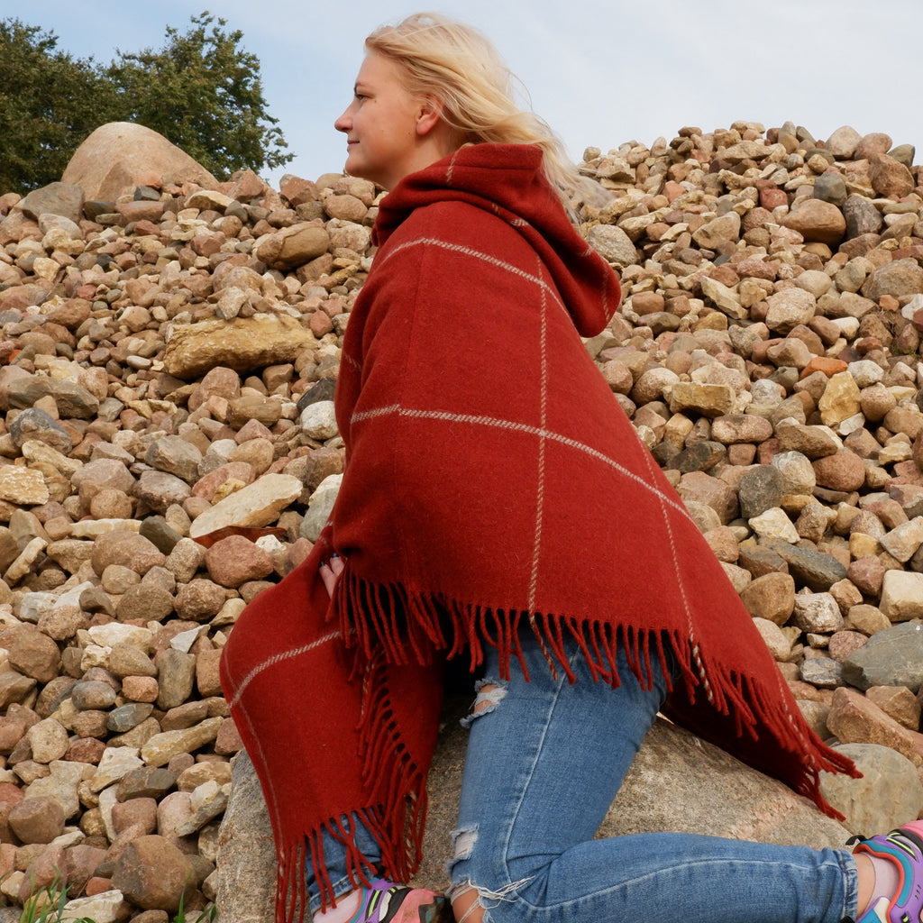 Red Wool Poncho - Hooded Wool Ruana Cape With Fringes | Cozy Outdoor Wrap