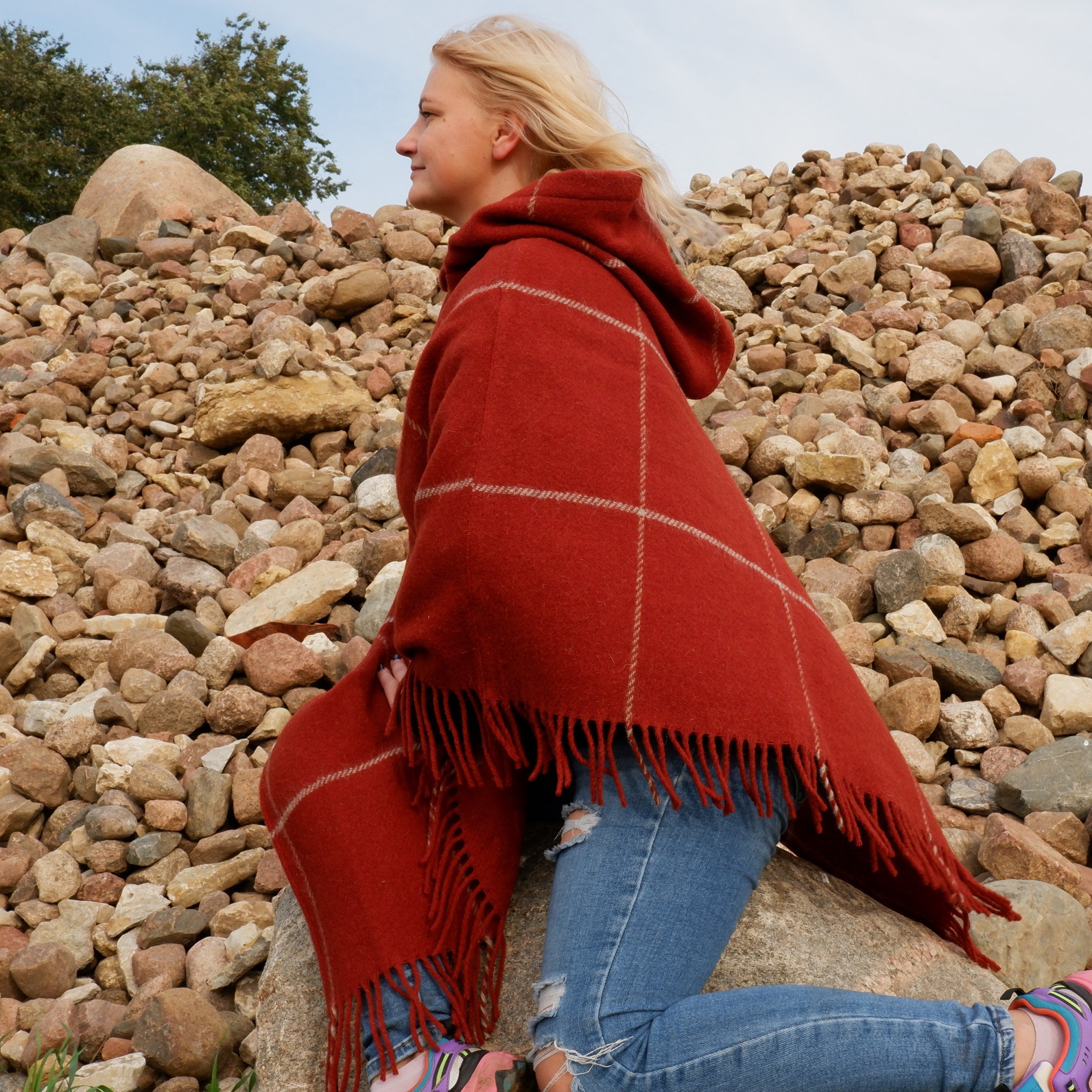 Red Wool Poncho - Hooded Wool Ruana Cape With Fringes | Cozy Outdoor Wrap