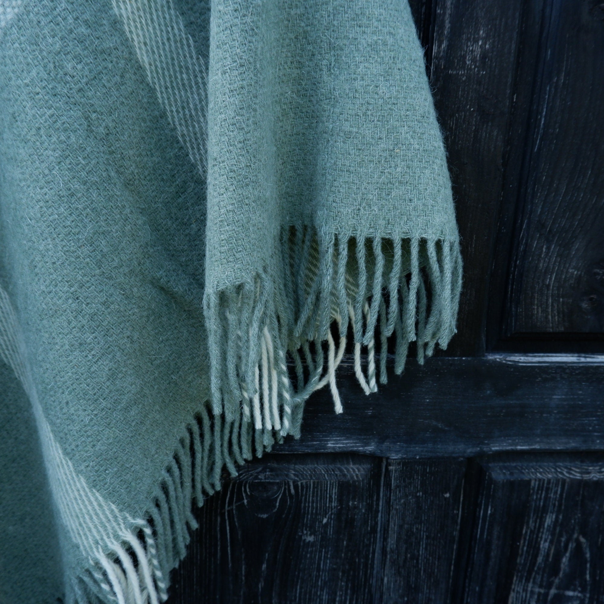 Green Wool Poncho Kiruna - Hooded Wool Blanket Cape with Fringes for Outdoor Comfort