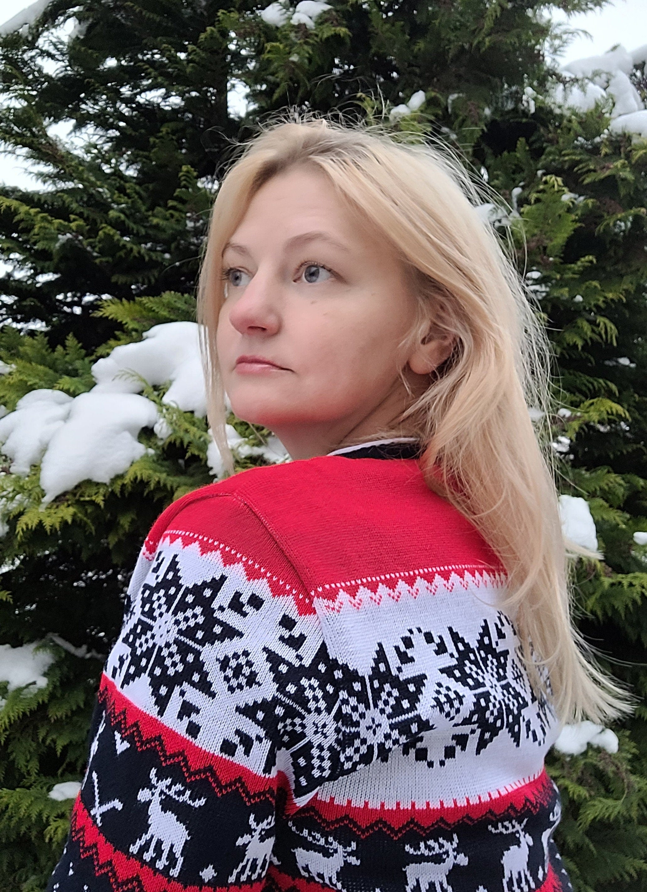 Wool Christmas Jumper - Knitted Snowflake Reindeer Scandinavian Sweater - Warm Winter Knitwear Pullover