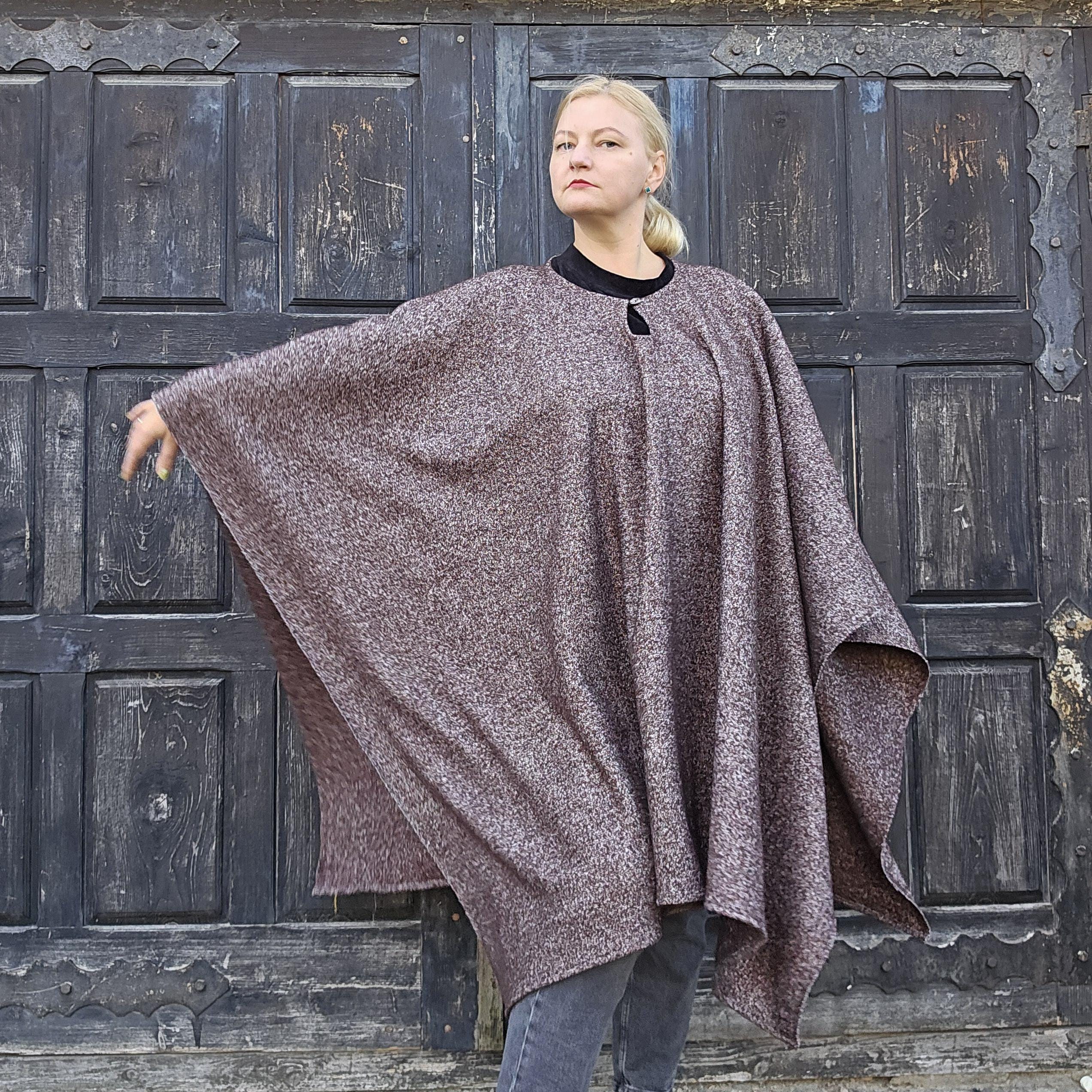 Wool Poncho Oland - Unisex Ruana Cape Brown Blanket Style With Hooded Outdoor Cloak