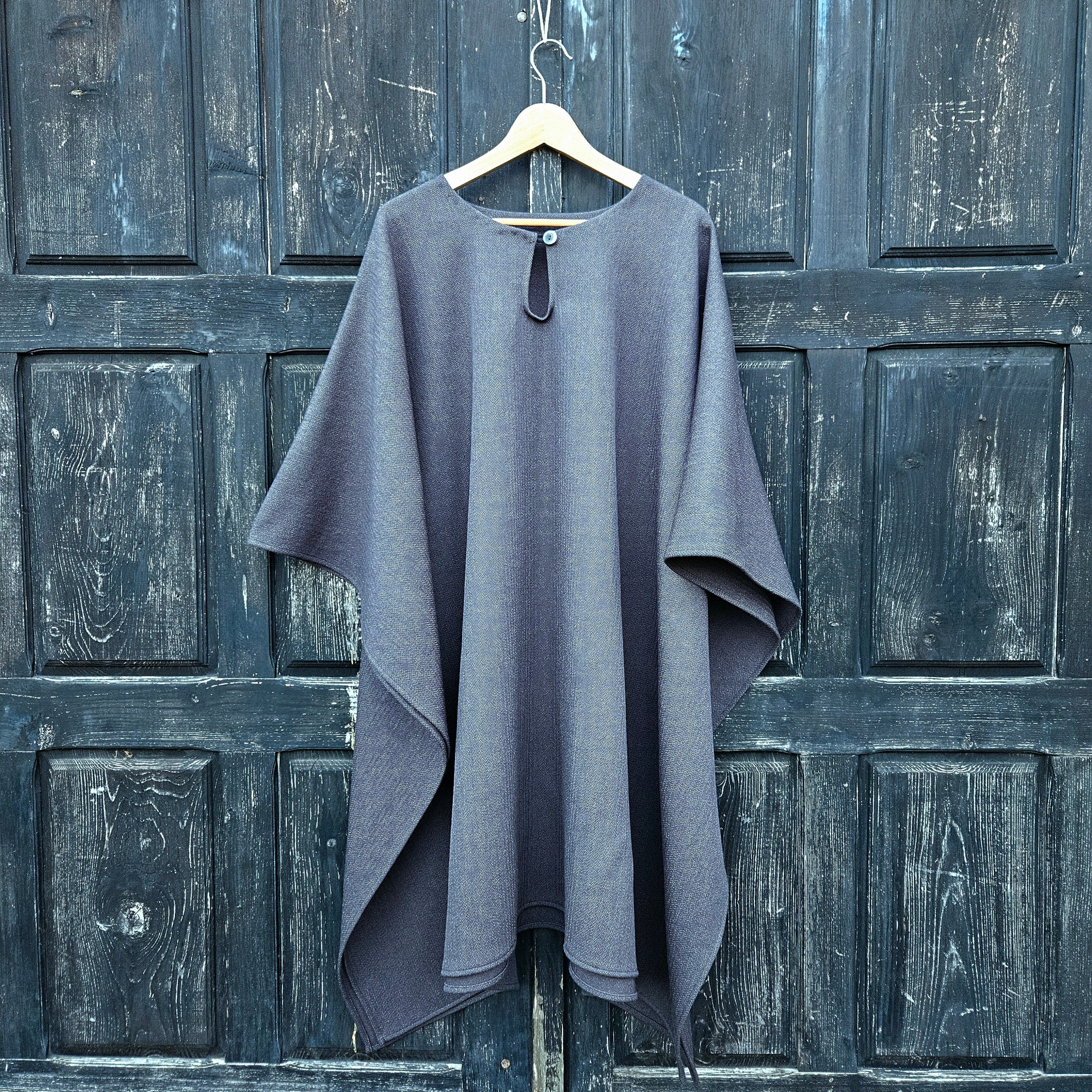 Wool Poncho Navy Blue Unisex Ruana Cape Oland – Comfortable Outdoor Hooded Cloak