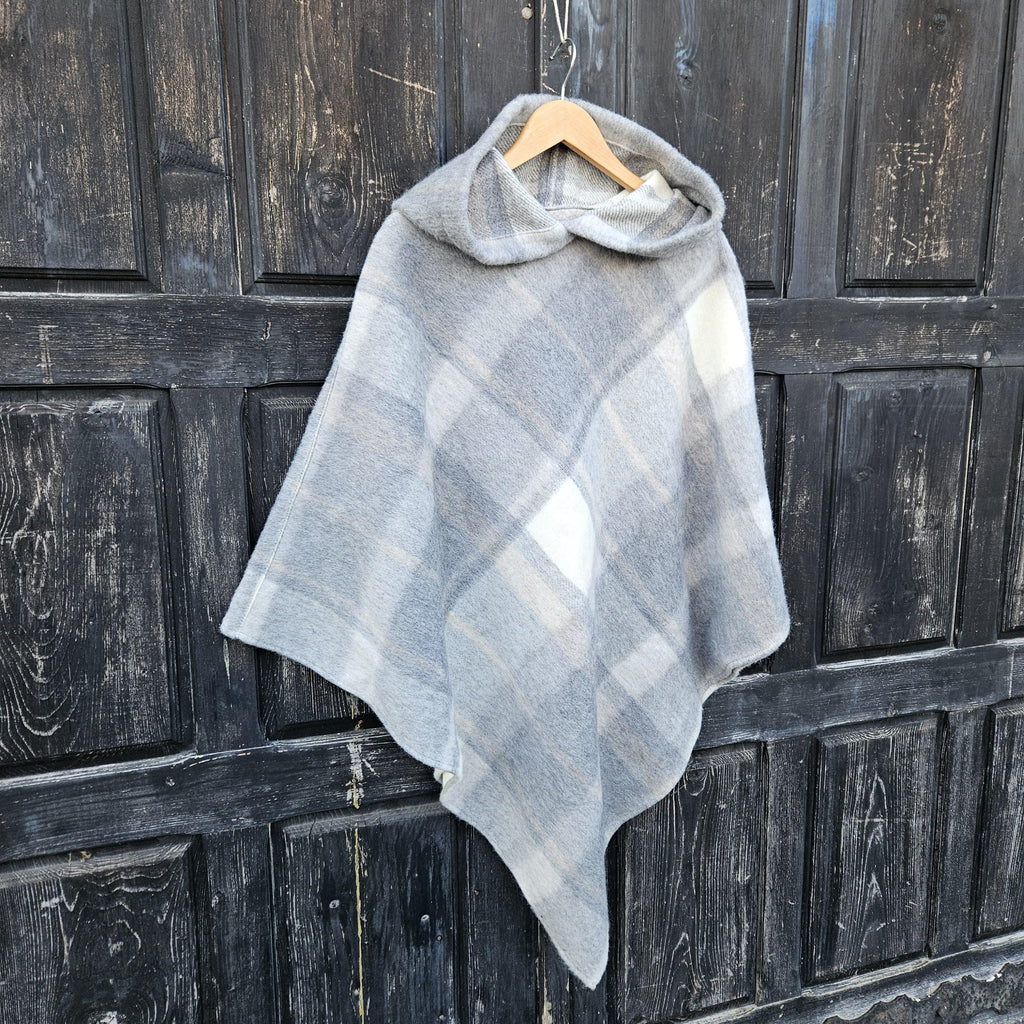 Grey Plaid WOOL Poncho with Hood: Gingham Cape Ruana