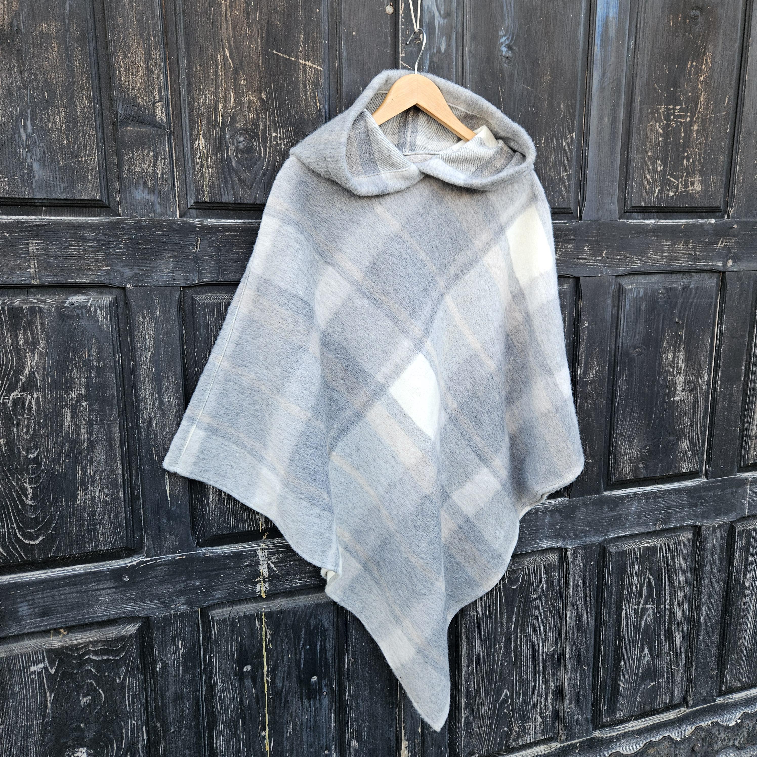 Grey Plaid WOOL Poncho with Hood: Gingham Cape Ruana