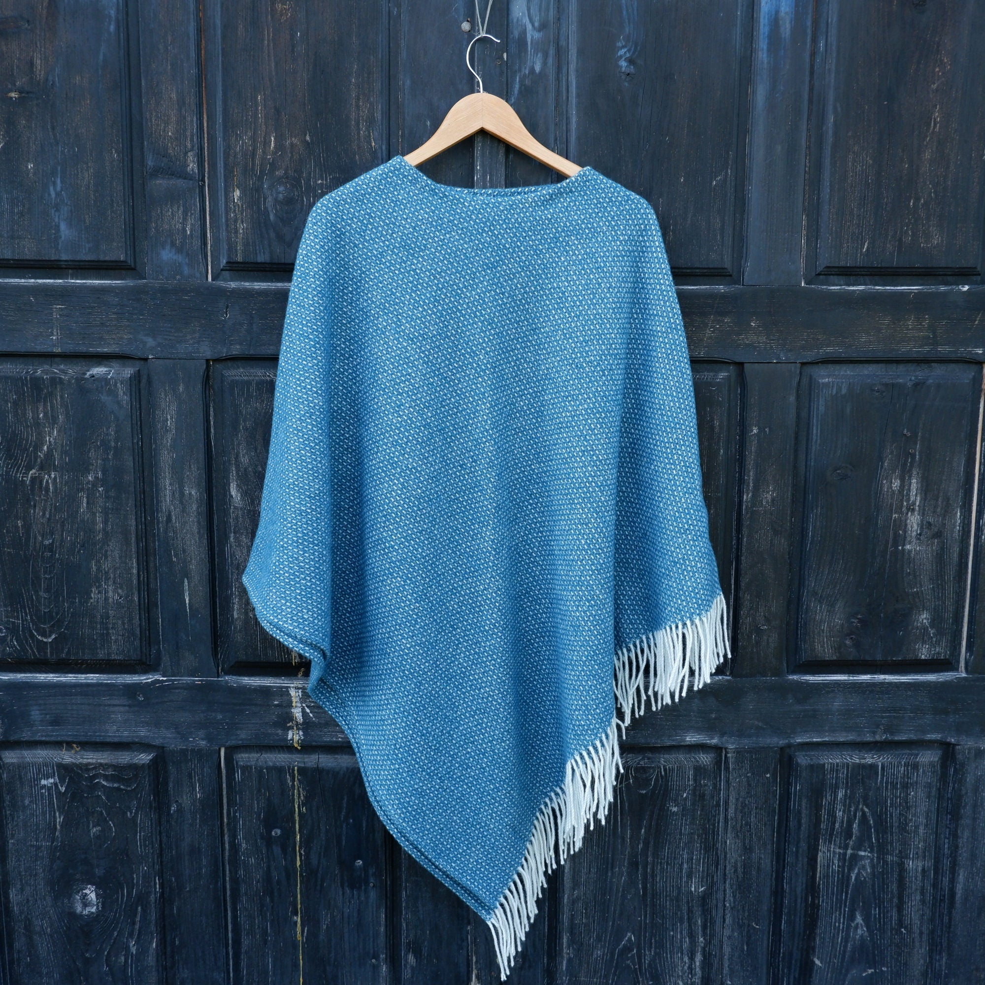 Merino Wool Poncho Kiruna – Blue Hooded Cape Ruana with Fringes, Soft Lambswool Wrap