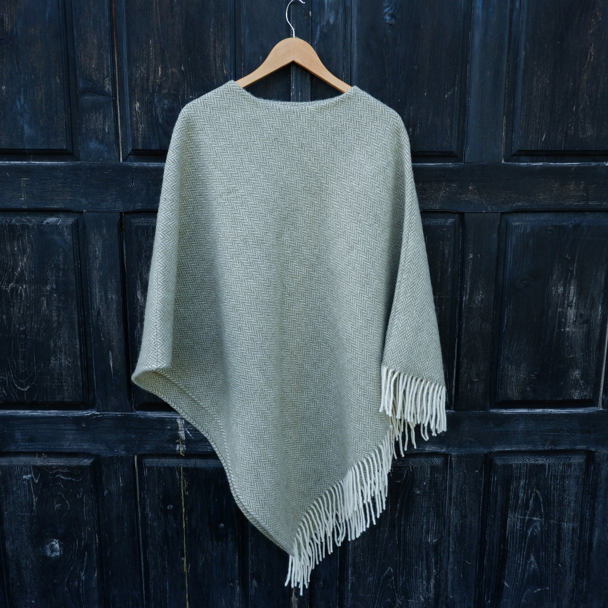 Wool Blanket Poncho Kiruna - Hooded Grey Herringbone Ruana with Fringes | Comfortable Outdoor Cape