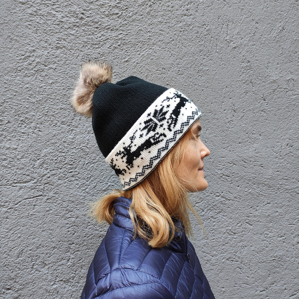 Merino Wool Knitted Beanie for Women or Men, black Wool Cap with pompom and reindeer, hand knit warm beanie, Woolen womens head accessories