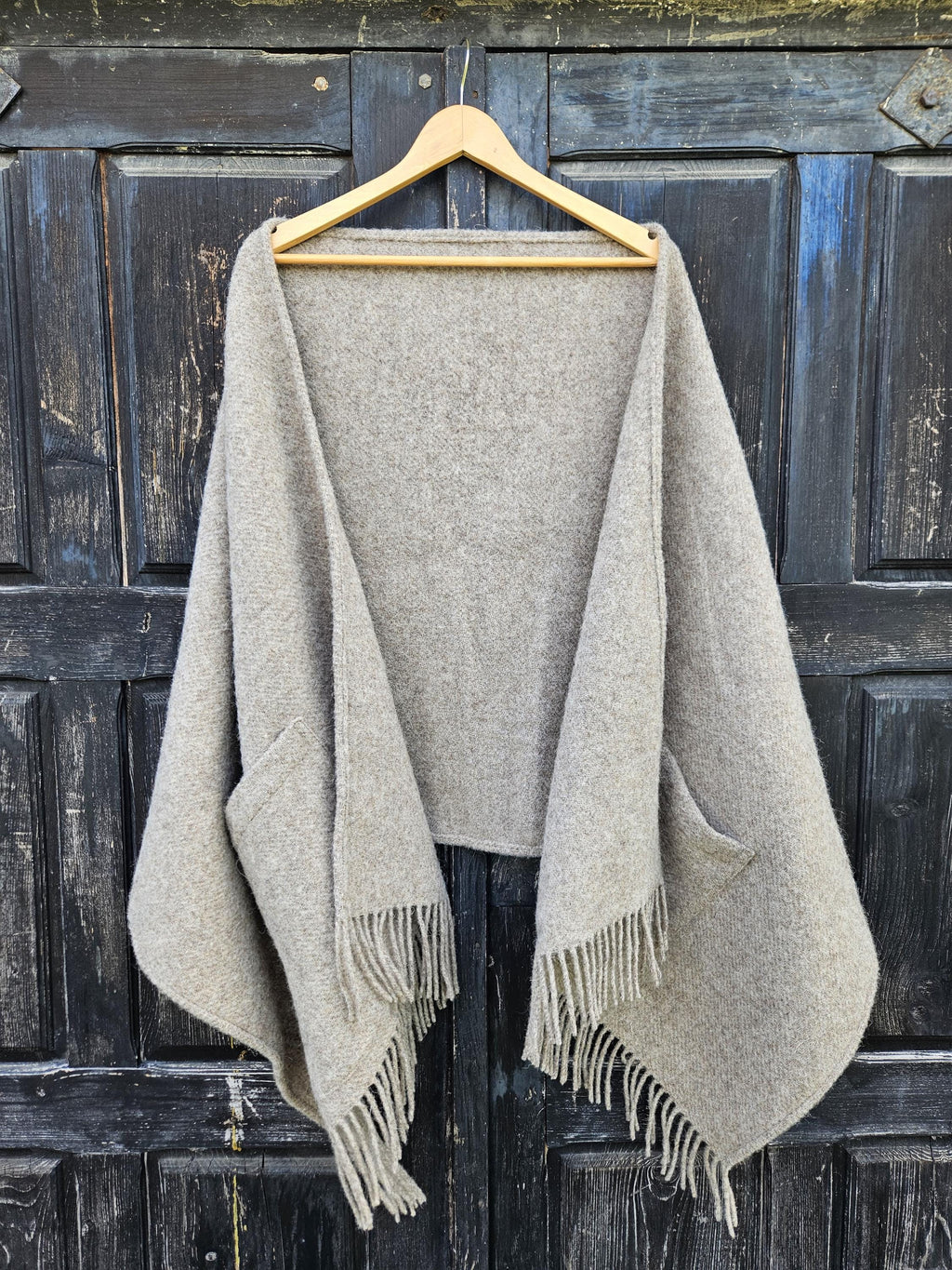 Wool Pocket Shawl – Classic Knitted Poncho Wrap with Fringe and Pockets for Men & Women