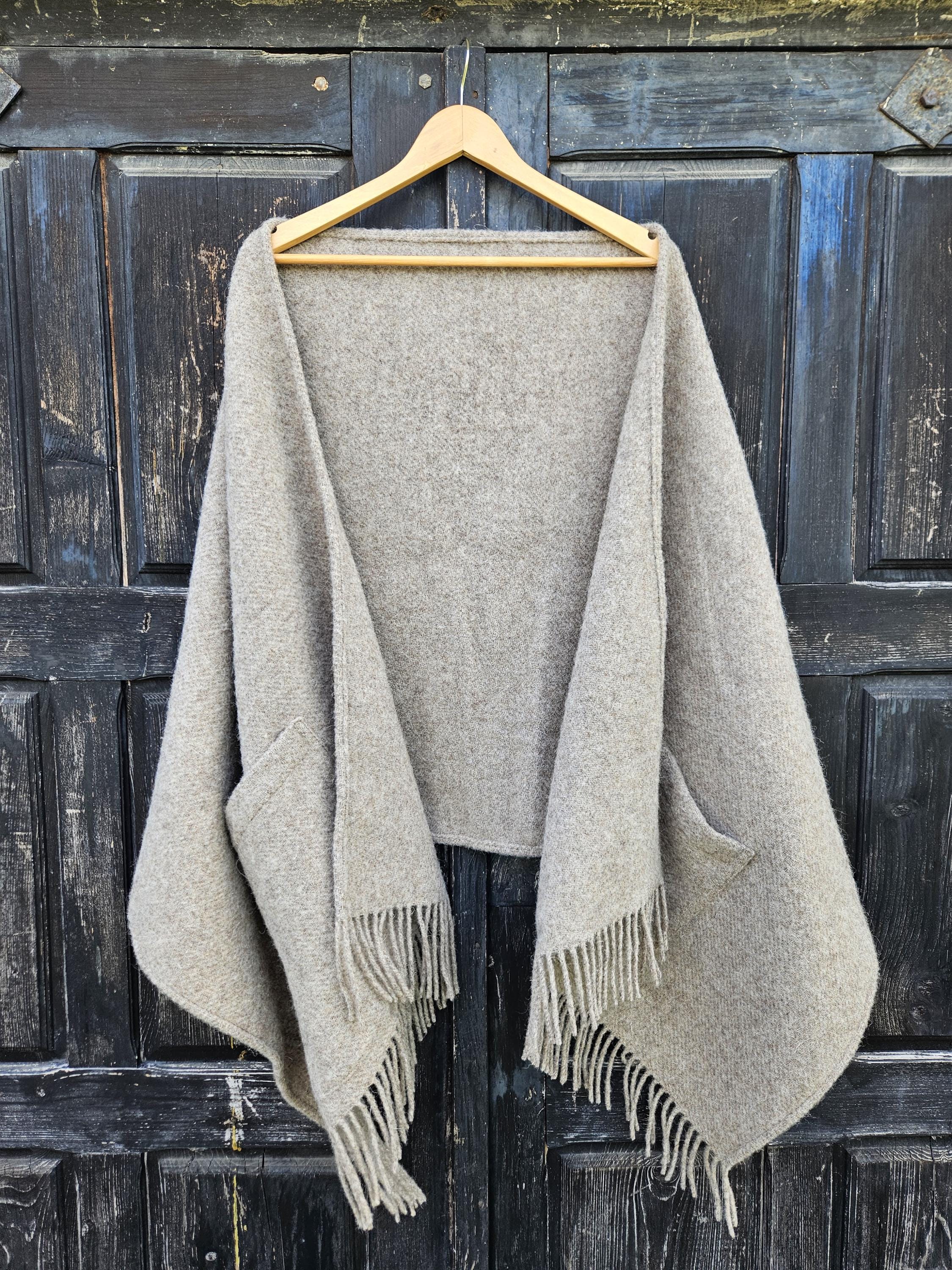 Wool Pocket Shawl – Classic Knitted Poncho Wrap with Fringe and Pockets for Men & Women
